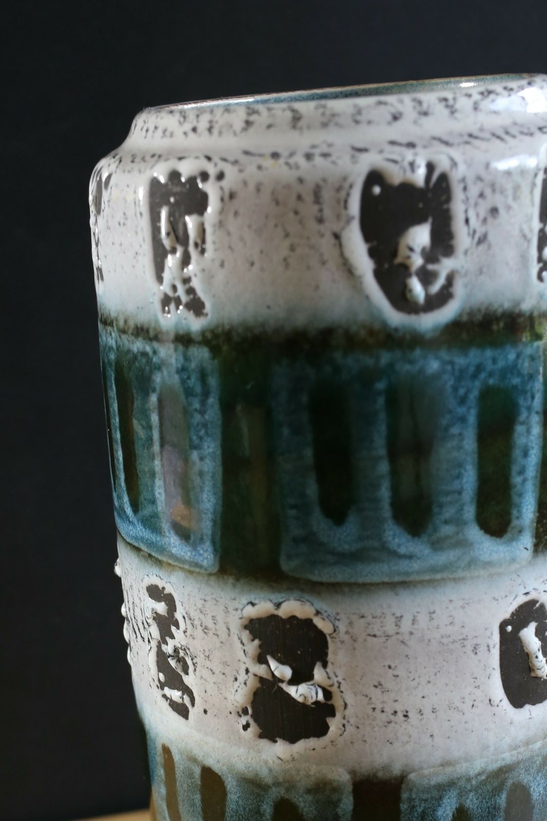 West German Pottery Vase Scheurich Mid Century Modern White And Blue Fat Lava Glaze 1960s photo vintage