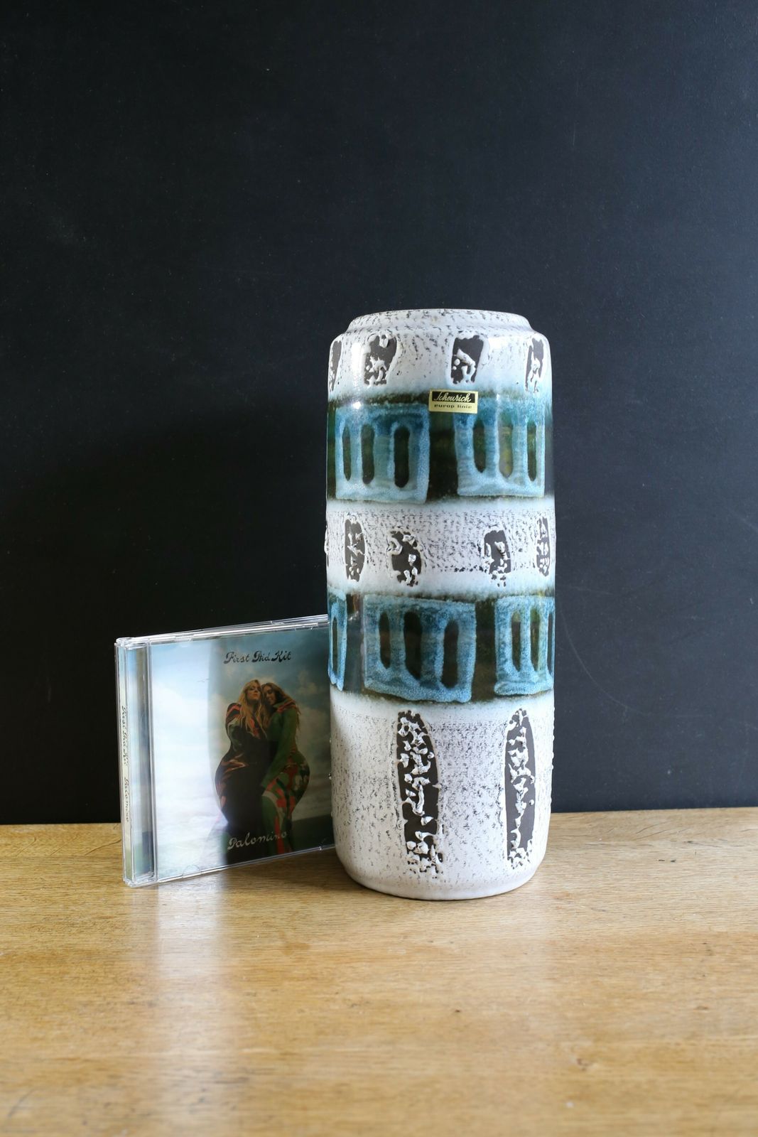 photo furniture West German Pottery Vase Scheurich Mid Century Modern White And Blue Fat Lava Glaze 1960s