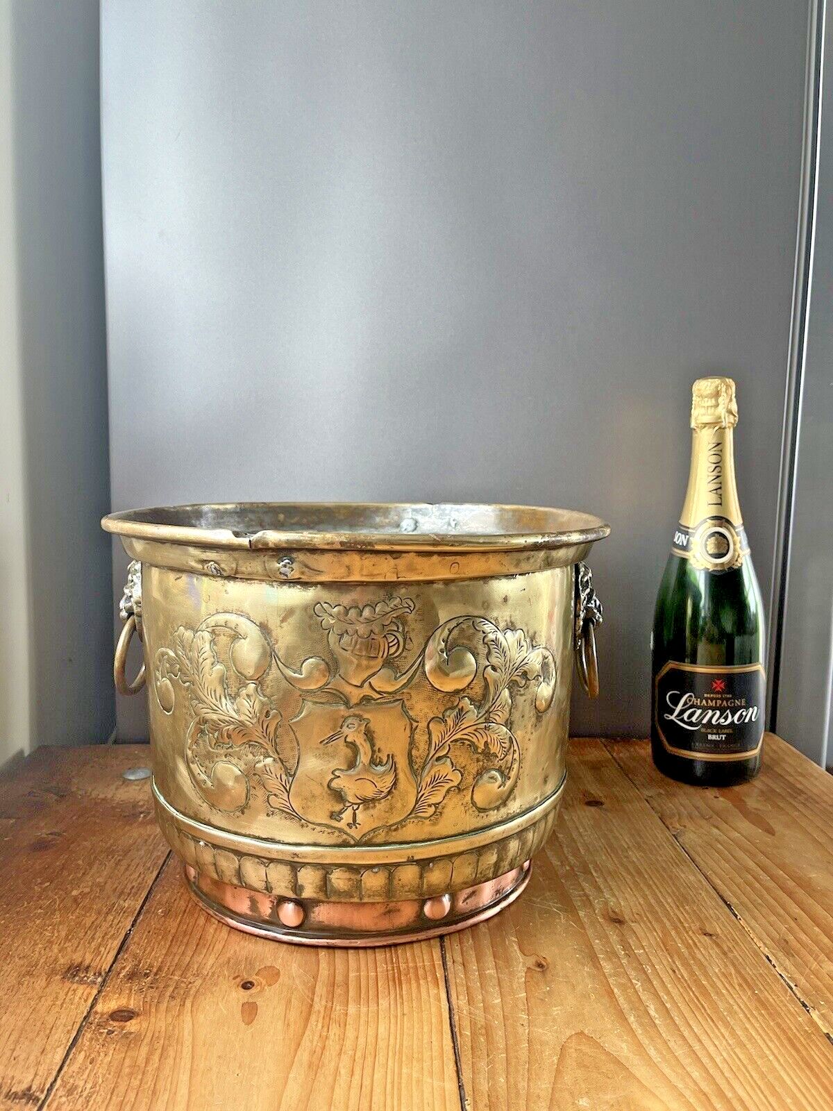 photo buy Antique Armorial Brass Copper Jardiniere Plant Pot Lion Head Handles Ice Bucket