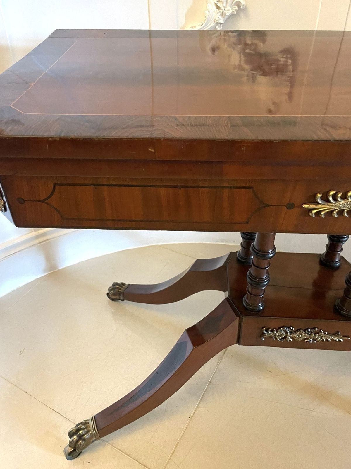 photo buy Antique Figured Mahogany Card Table With Gilded Brass Mounts