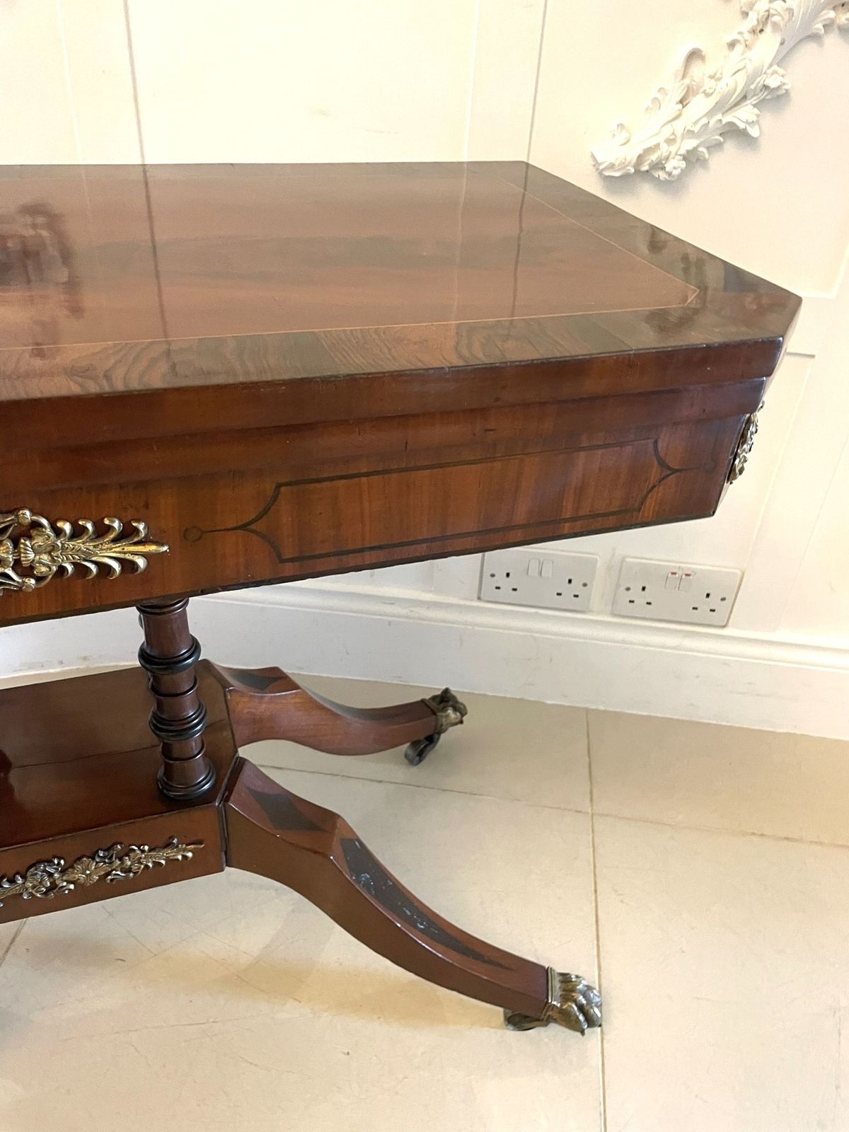photo vintage Antique Figured Mahogany Card Table With Gilded Brass Mounts