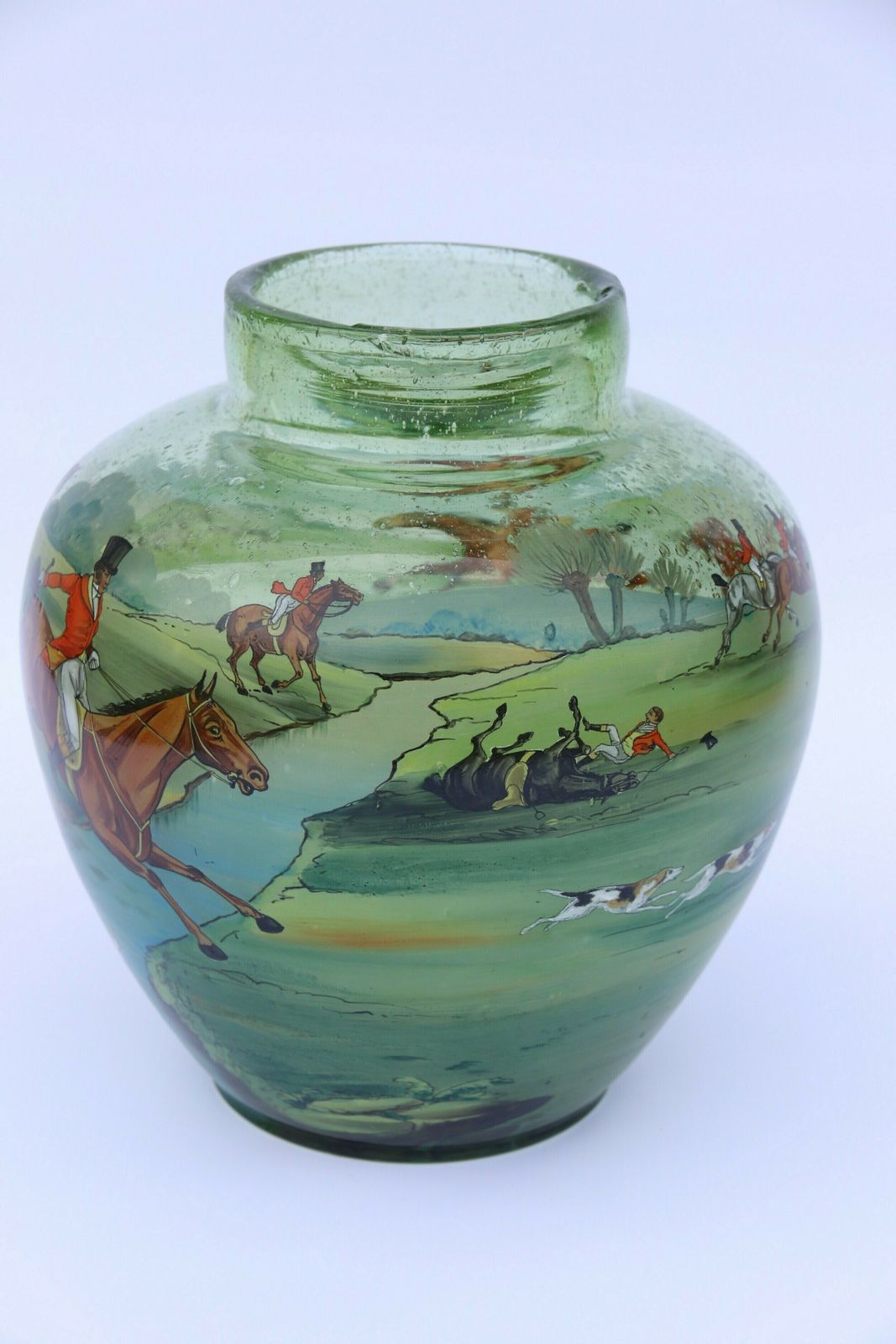 An Outstanding Large Bohemian Hand Blown Green Glass Vase Decorated With A Superb Hand Painted Enamelled Fox Hunting Scene. photo furniture