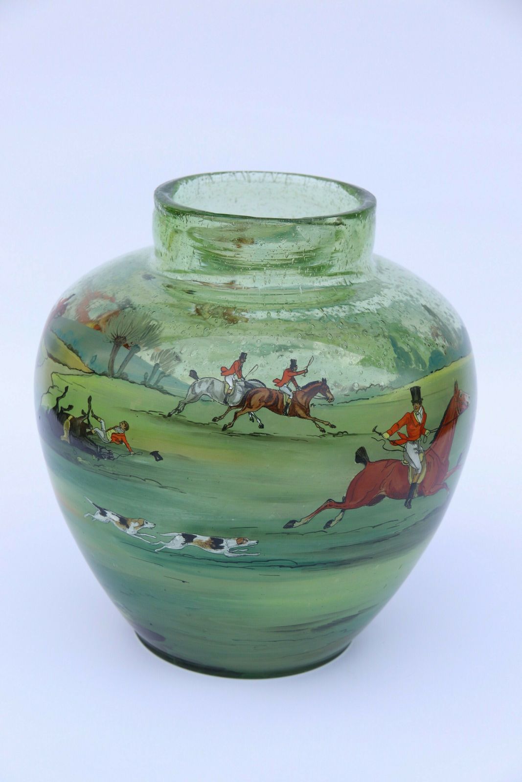 An Outstanding Large Bohemian Hand Blown Green Glass Vase Decorated With A Superb Hand Painted Enamelled Fox Hunting Scene. photo Home Decor