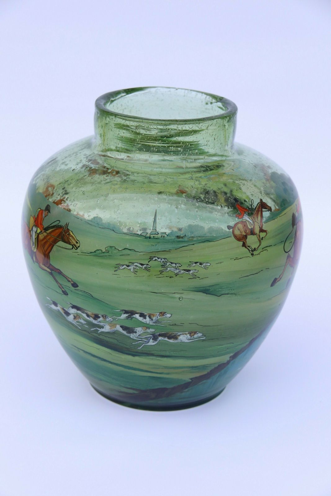 An Outstanding Large Bohemian Hand Blown Green Glass Vase Decorated With A Superb Hand Painted Enamelled Fox Hunting Scene. photo vintage