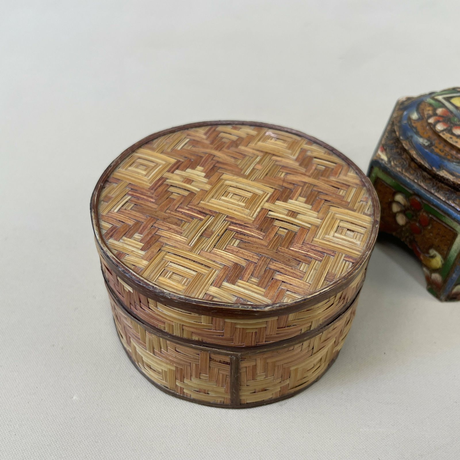 Two Antique Wooden Boxes Wood Tabletop Desk Vintage Wooden Painted Patterned Pattern Trinket Lid Lidded Box Bamboo Handmade Carved Poke Art photo furniture