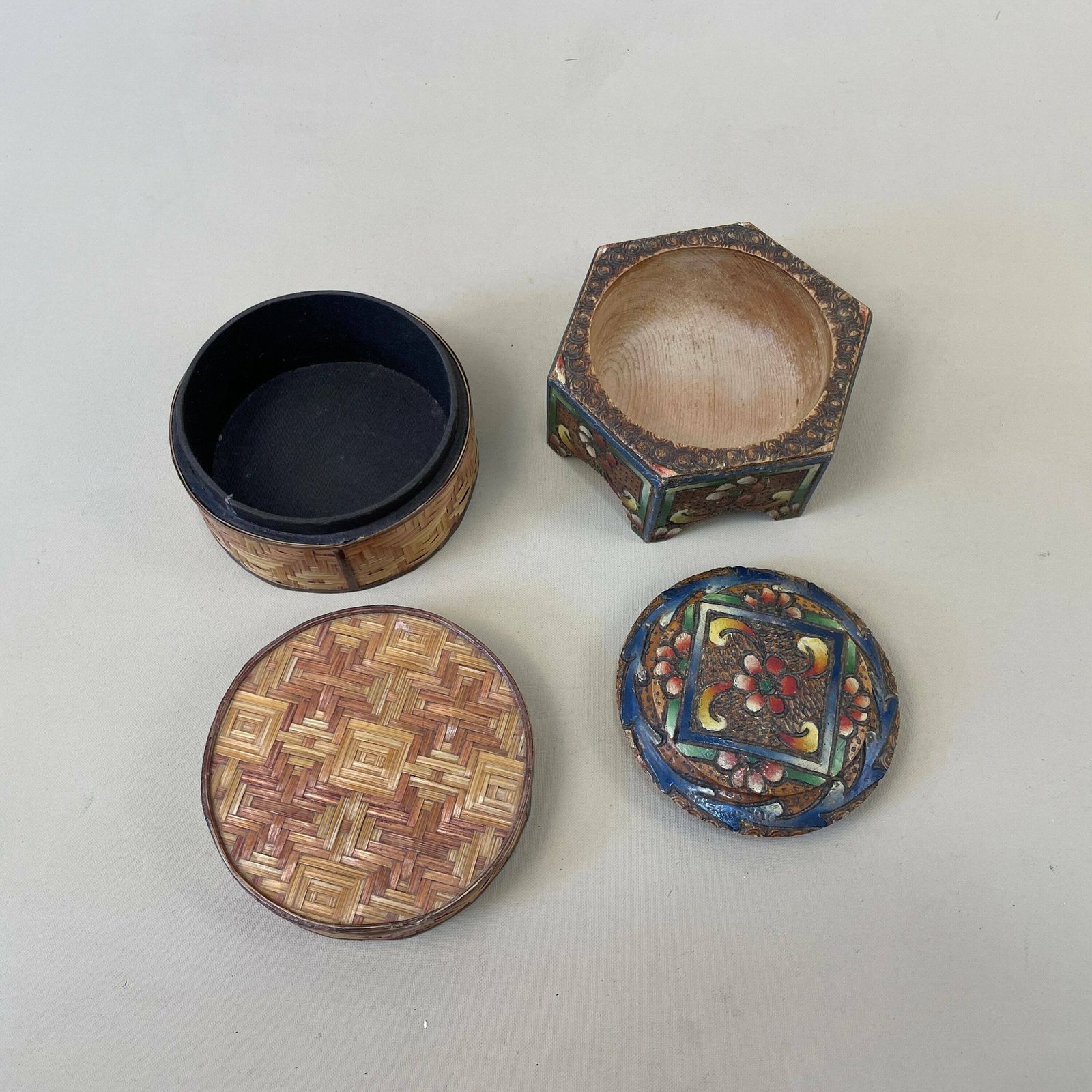 Two Antique Wooden Boxes Wood Tabletop Desk Vintage Wooden Painted Patterned Pattern Trinket Lid Lidded Box Bamboo Handmade Carved Poke Art photo vinterior