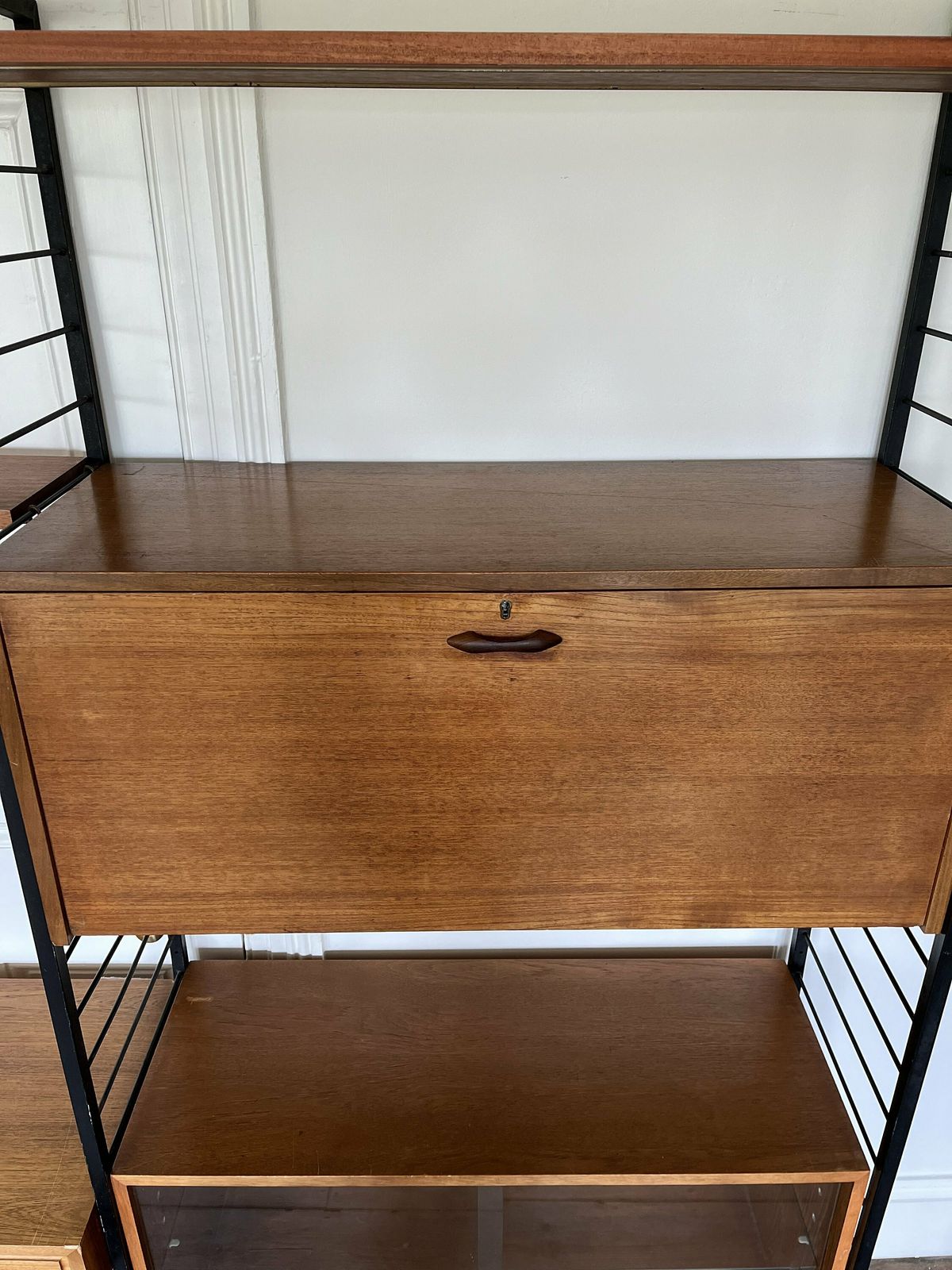Ladderax Mid Century Shelving System   Modular Teak Shelves And Cabinets / Desk With Black Steel Ladder Supports, By Staples For Heals photo vintage