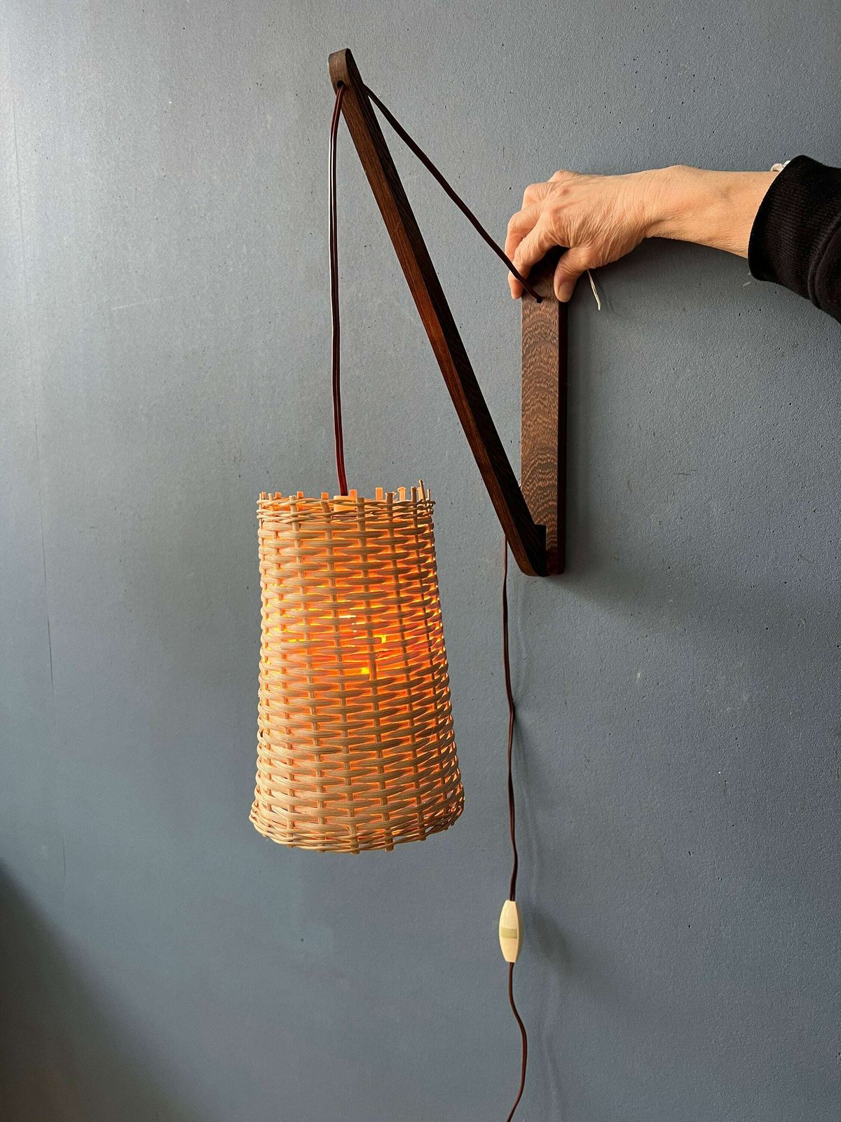 Mid Century Danish Teak Wood Fishing Rod Wall Lamp With Reed Shade
