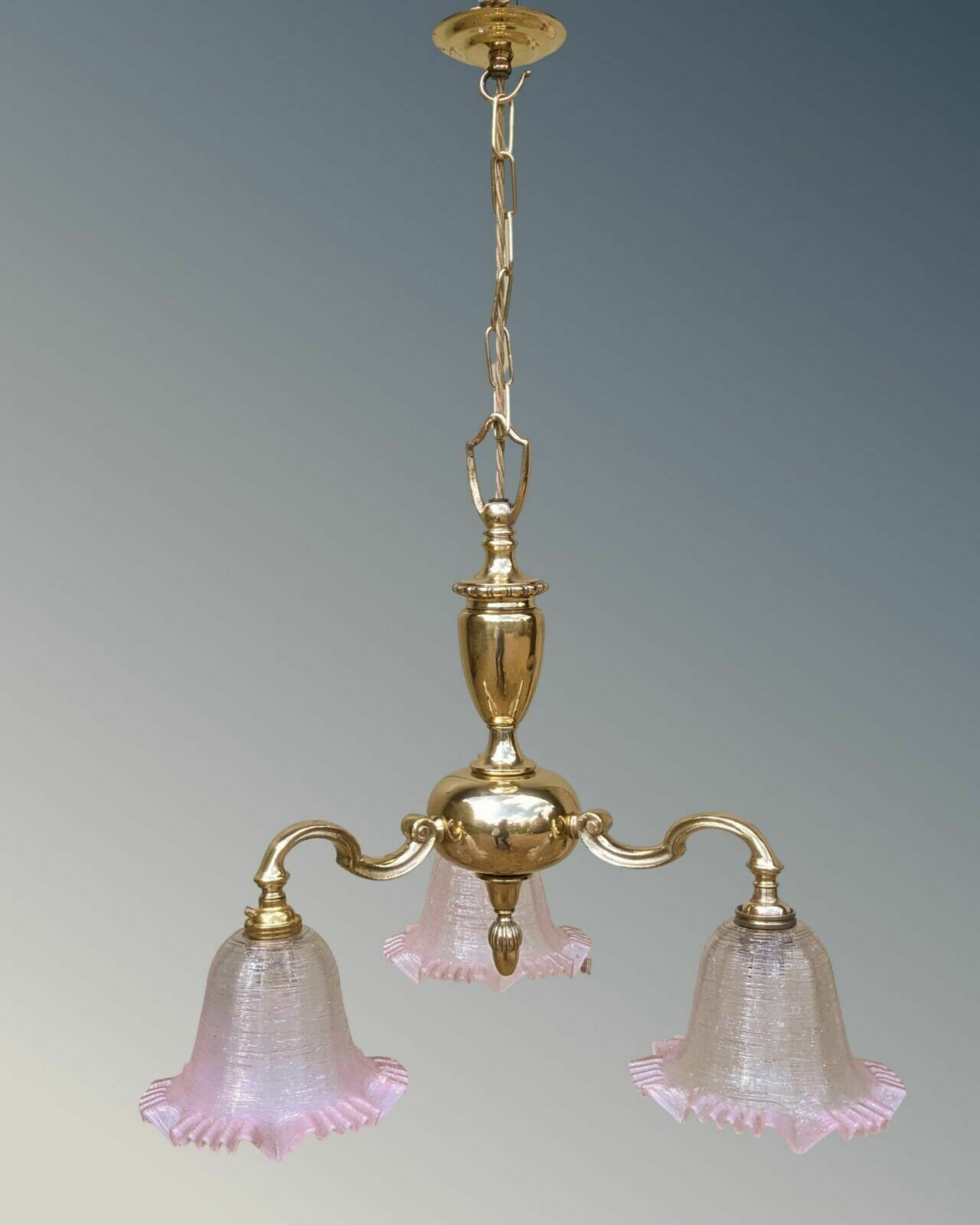Pretty Antique Brass Chandelier Pink Crimped Glass photo for sale
