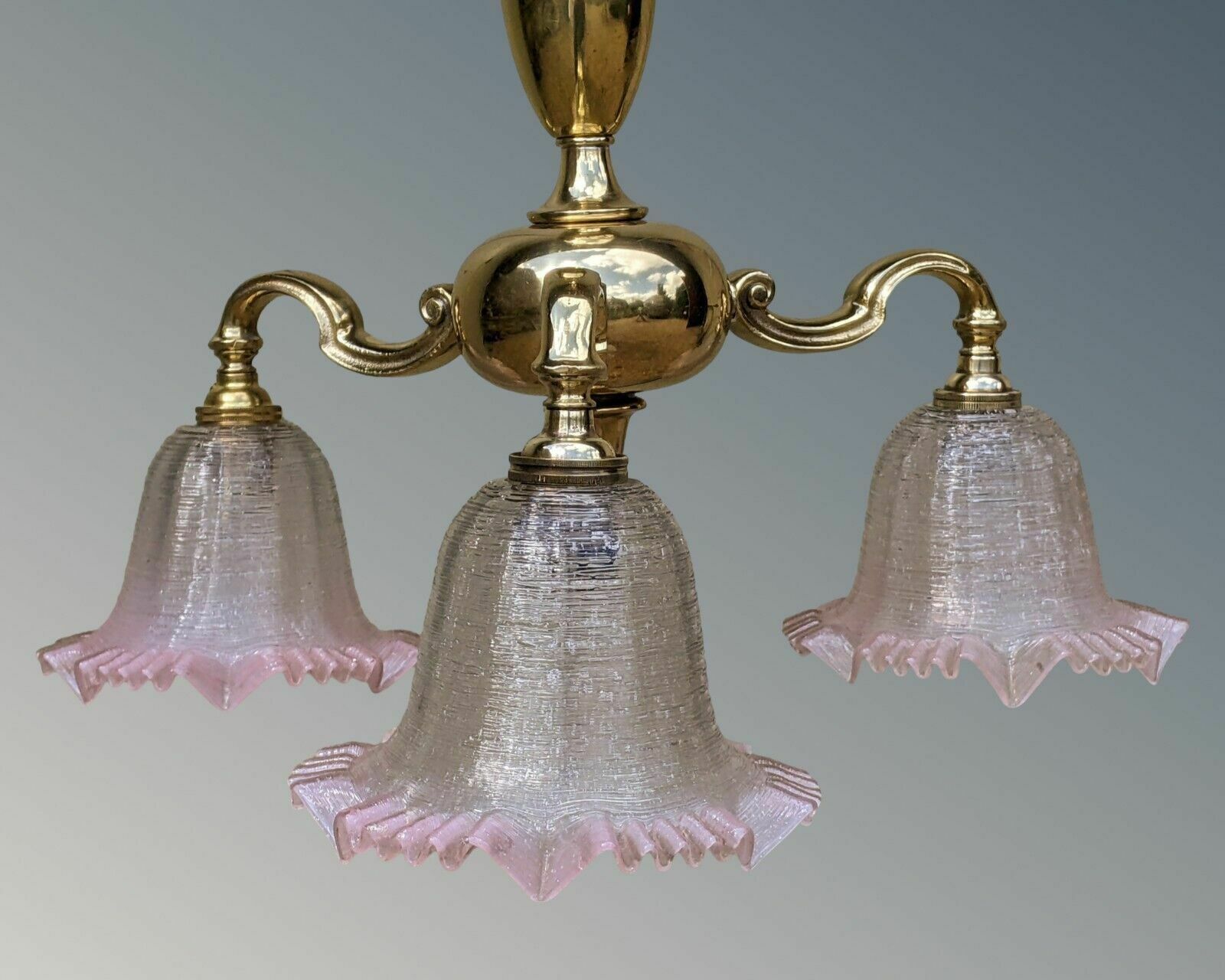 Pretty Antique Brass Chandelier Pink Crimped Glass photo vinterior