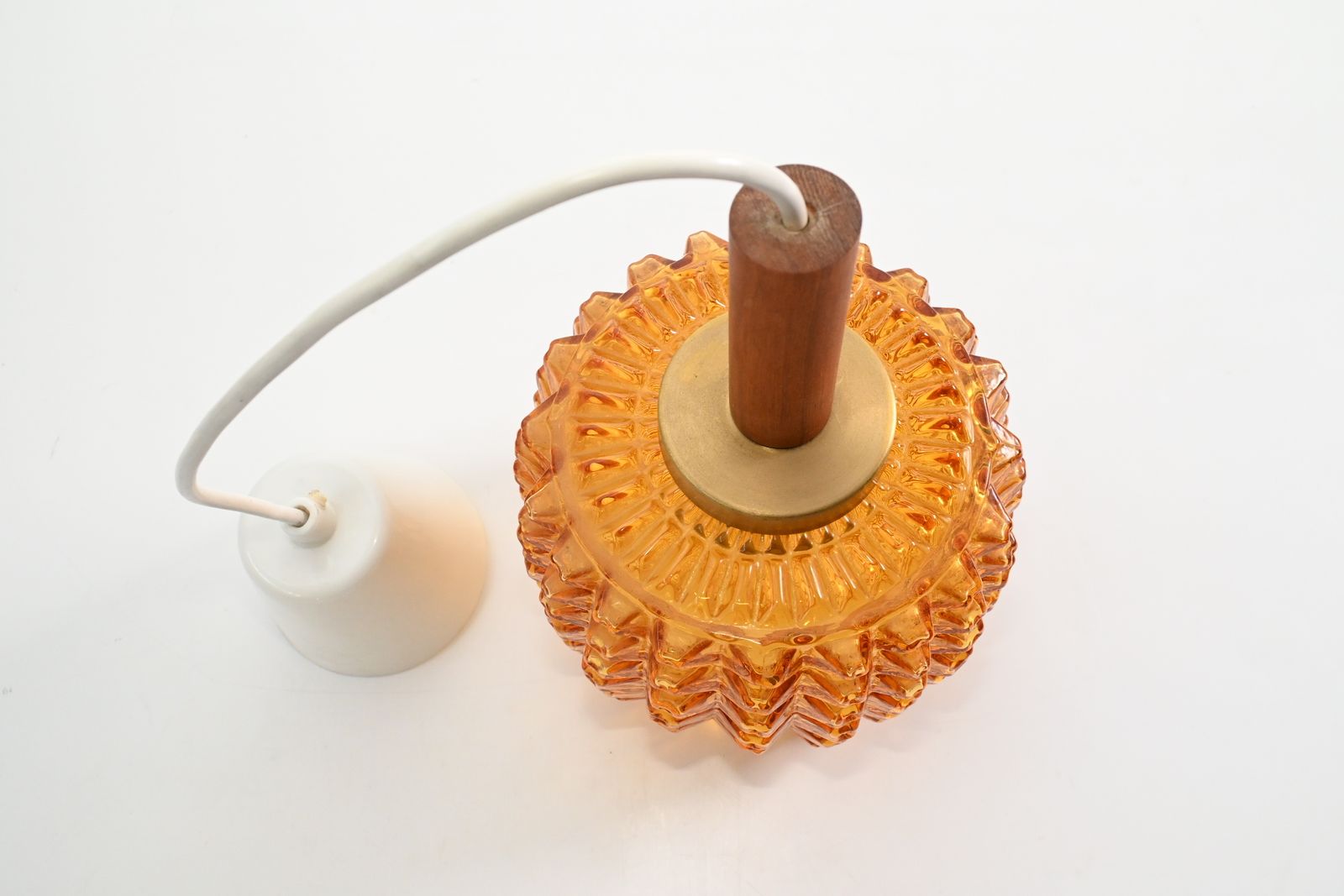 Scandinavian Pendant Light With Spiked Shade Glass And Teak, In The Style Of Orrefors, Sweden 1960s photo for sale