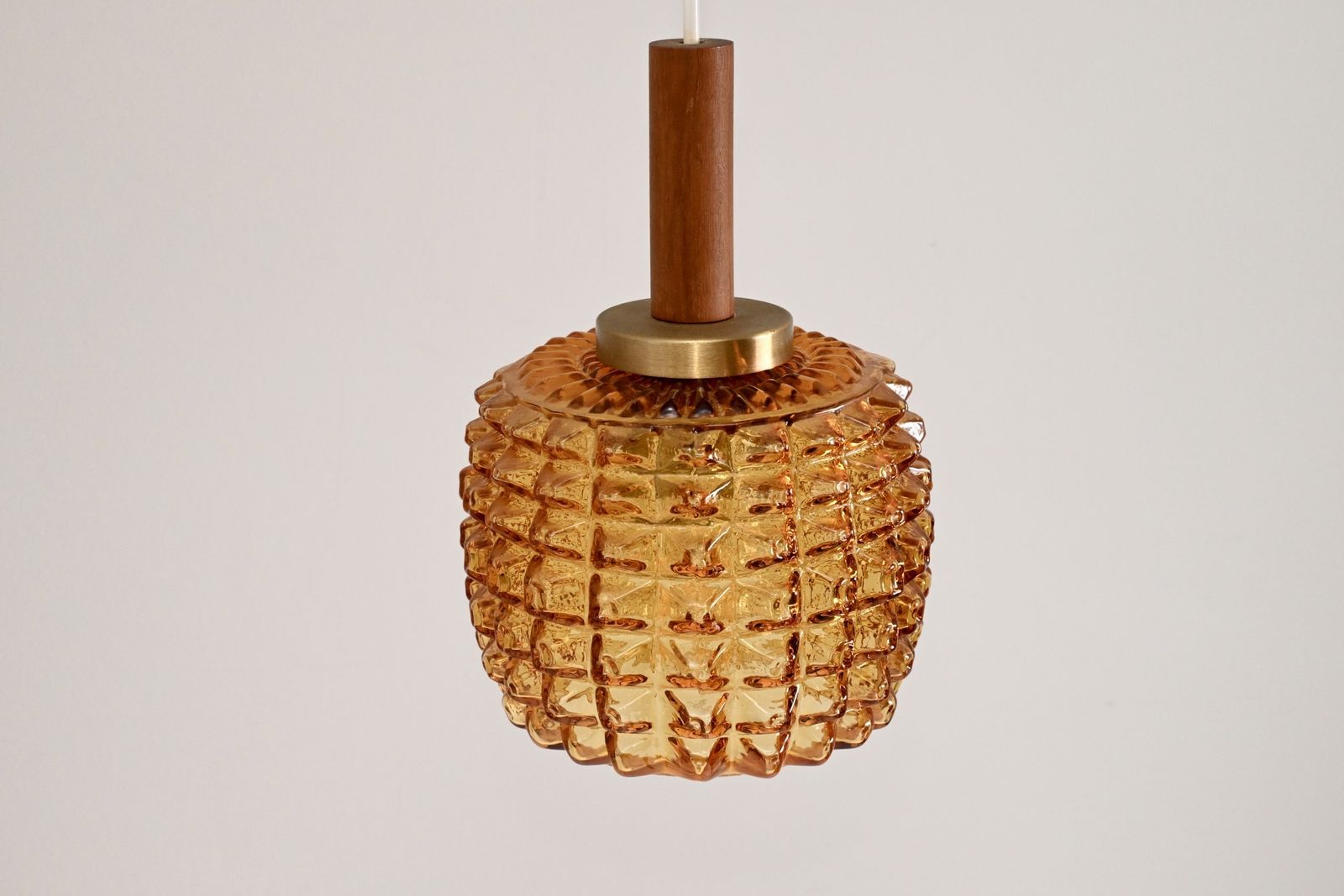 Scandinavian Pendant Light With Spiked Shade Glass And Teak, In The Style Of Orrefors, Sweden 1960s