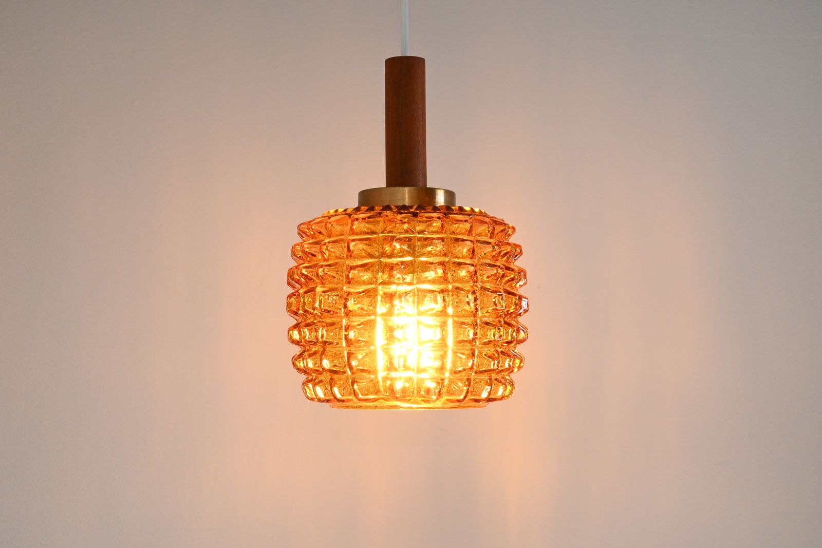 Scandinavian Pendant Light With Spiked Shade Glass And Teak, In The Style Of Orrefors, Sweden 1960s photo vintage
