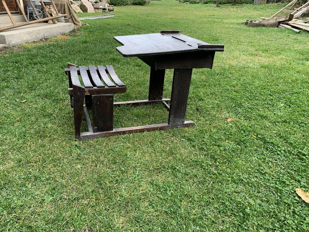 Antique Brown Painted Children's School Bench And Desk, 1920s photo Furniture