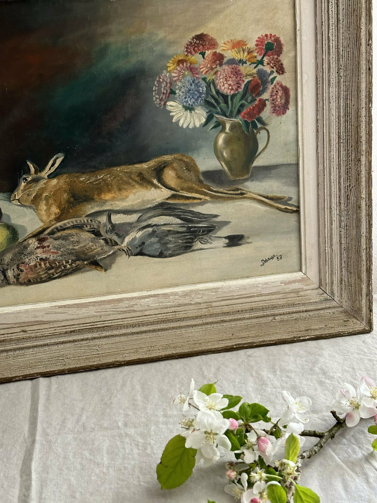 Pretty French Antique Still Life Oil Painting photo vintage