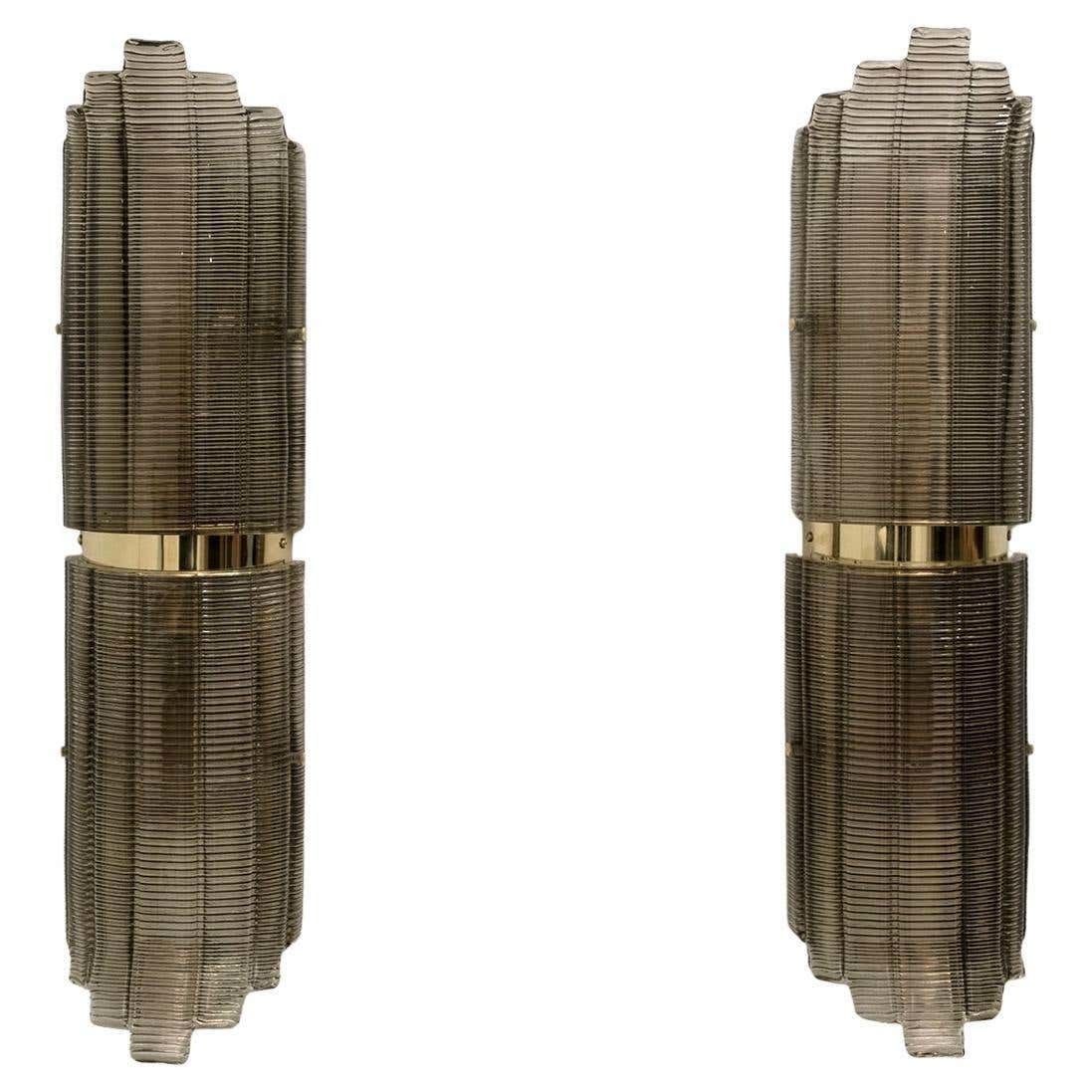 Pair Of Modern Italian Brass And Murano Glass Textured Wall Sconce