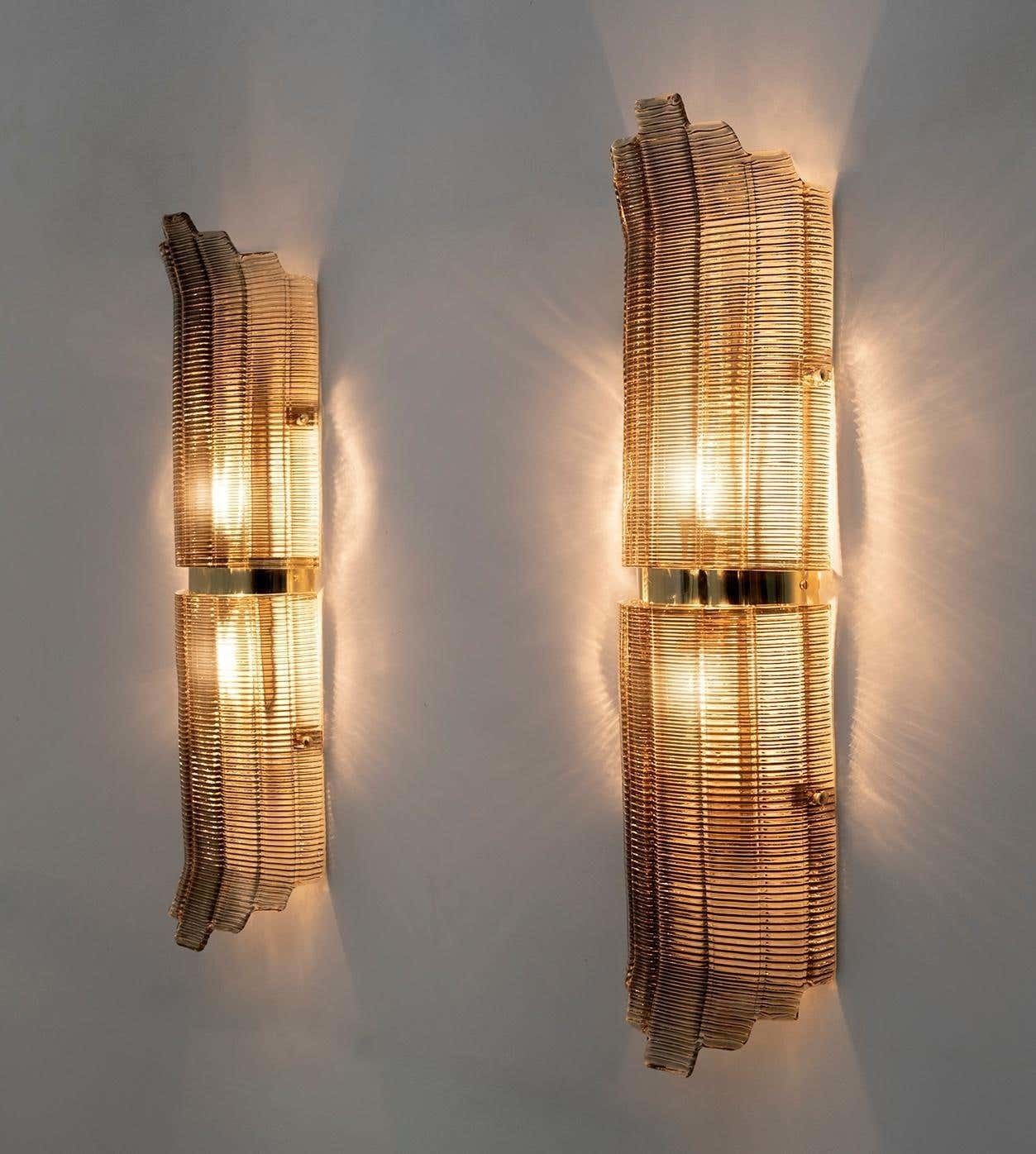 Pair Of Modern Italian Brass And Murano Glass Textured Wall Sconce photo vinterior