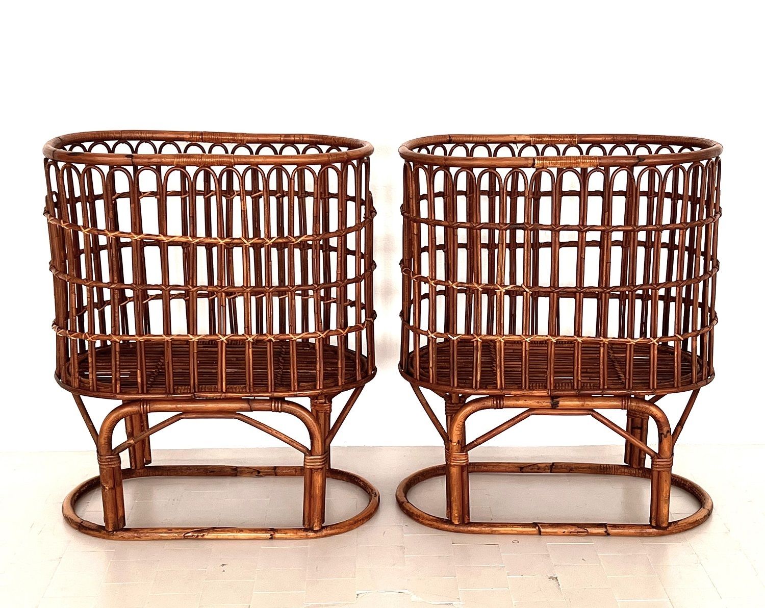 Pair Of French Mid Century Xxl Bamboo Baskets, 1970s