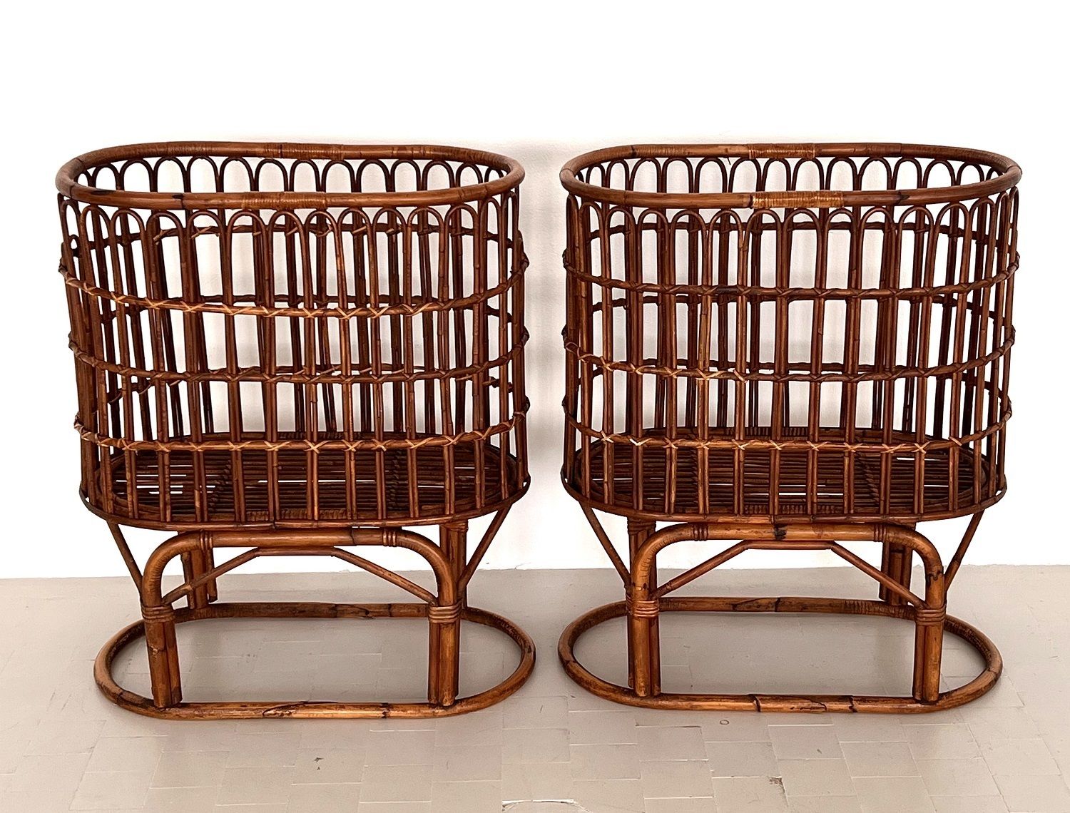 Pair Of French Mid Century Xxl Bamboo Baskets, 1970s photo for sale