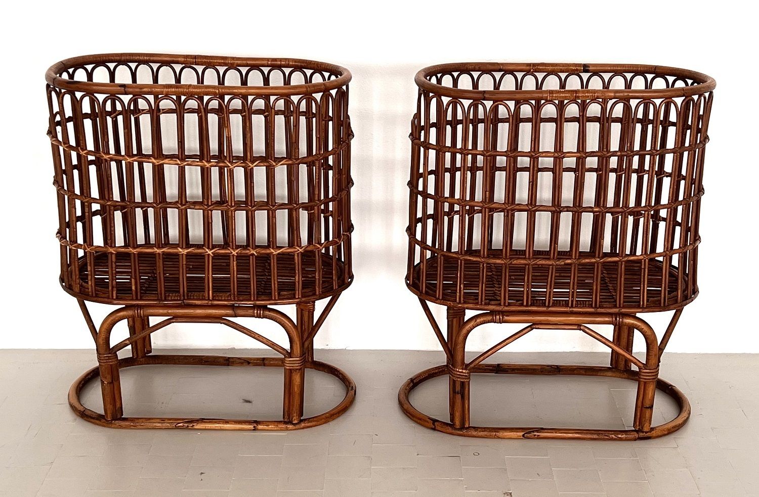 Home Decor Pair Of French Mid Century Xxl Bamboo Baskets, 1970s photo