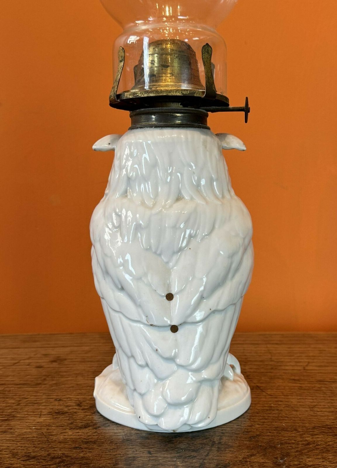 Victorian White Porcelain Owl Oil Lamp photo for sale