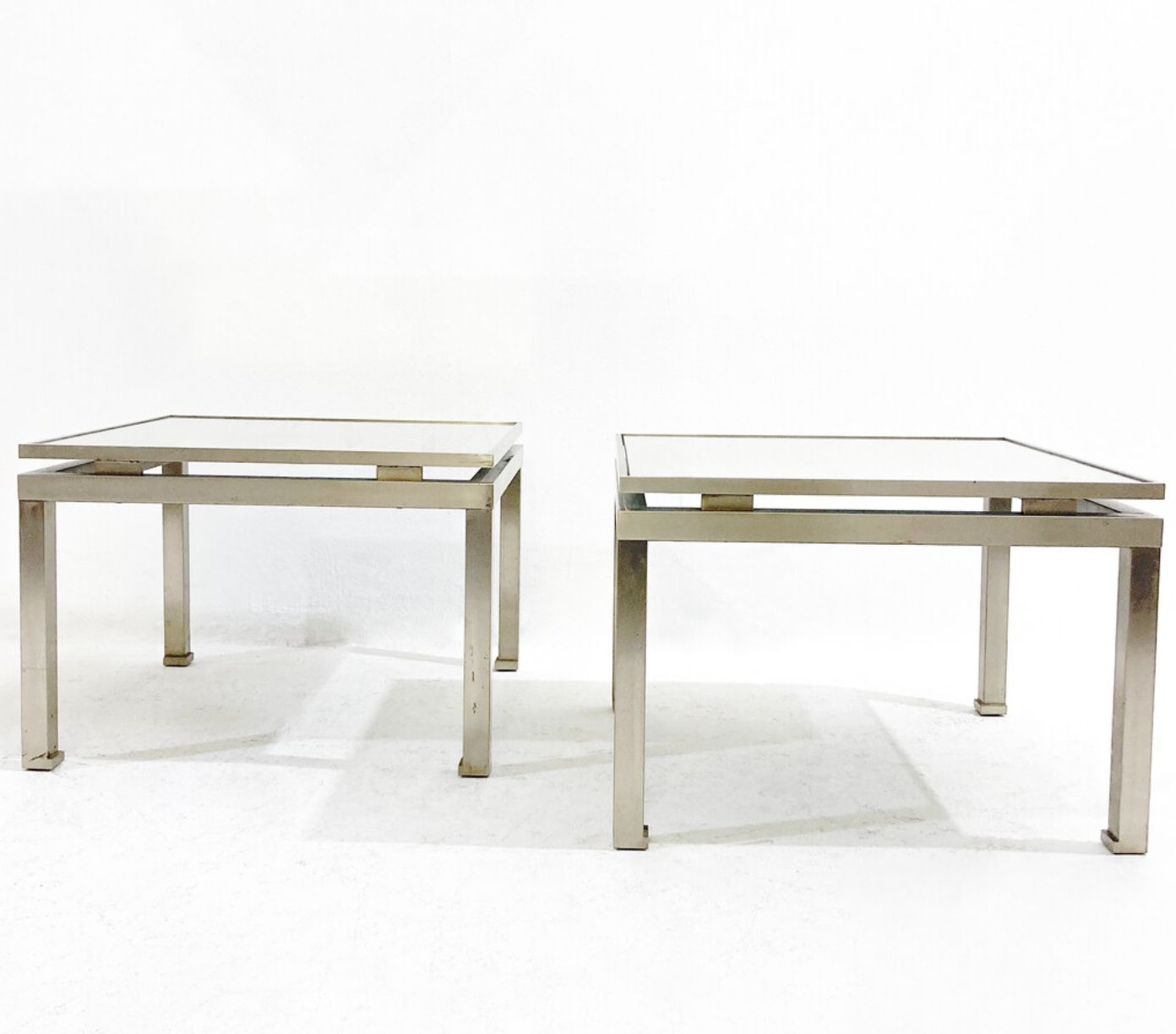 Mid Century Modern Pair Of Side Tables, Metal And Glass, Italy, 1970s photo for sale
