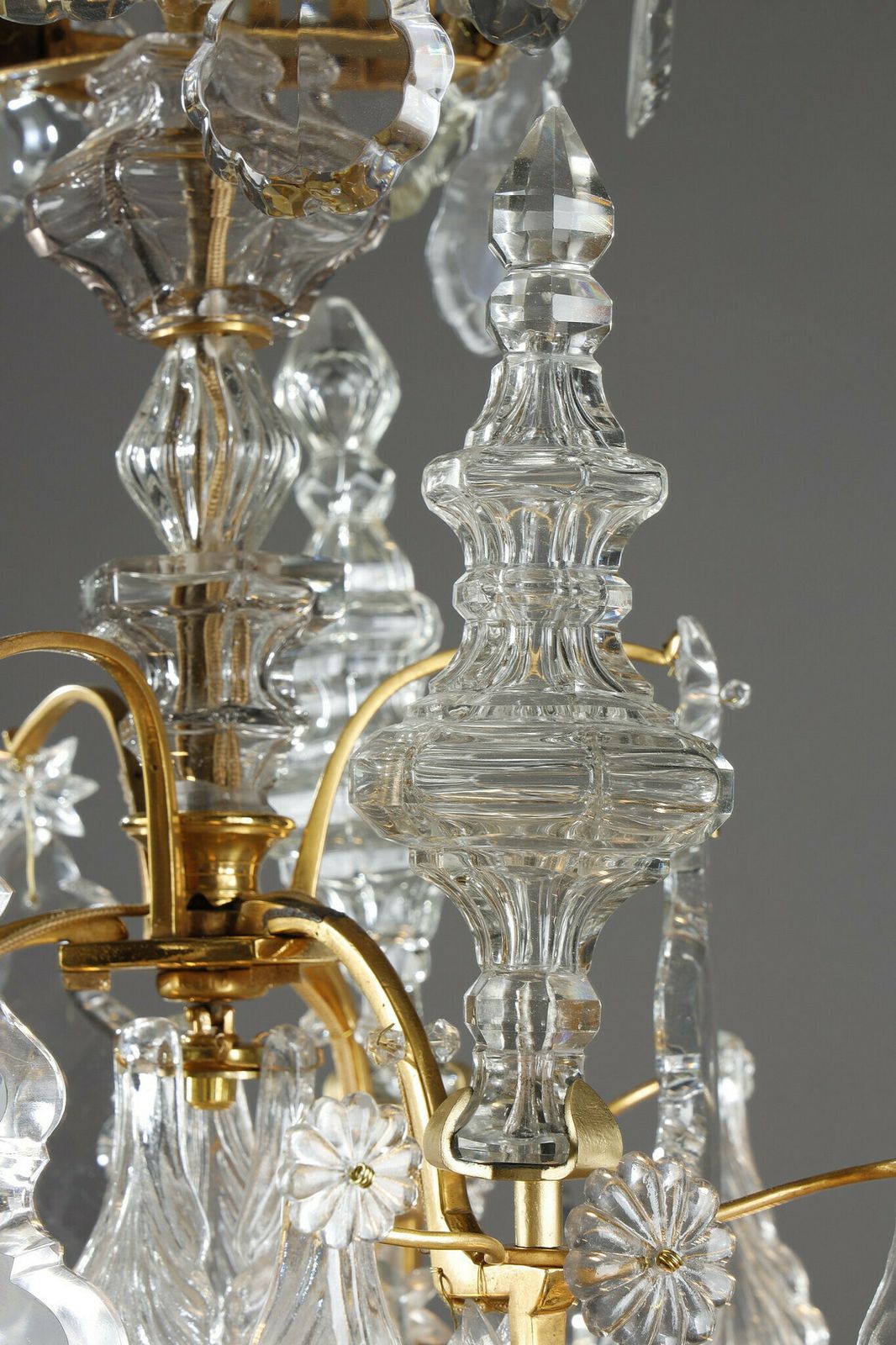 photo vintage Six Light Gilt Bronze Cage Chandelier With Cut Crystal Pendants And Daggers
