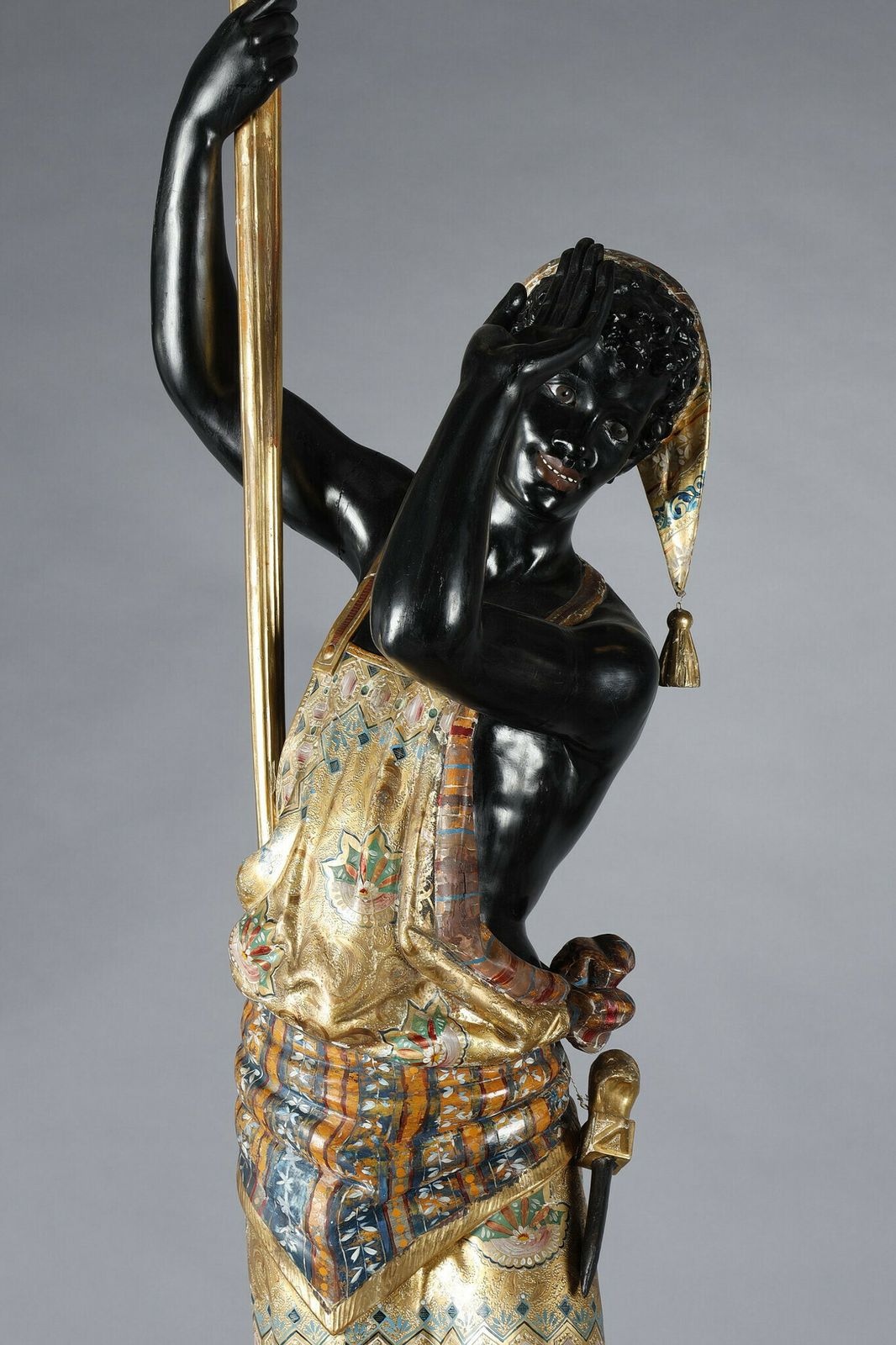 Pair Of Black And Polychrome Lacquered Wood Torchholders Depicting Nubians photo buy