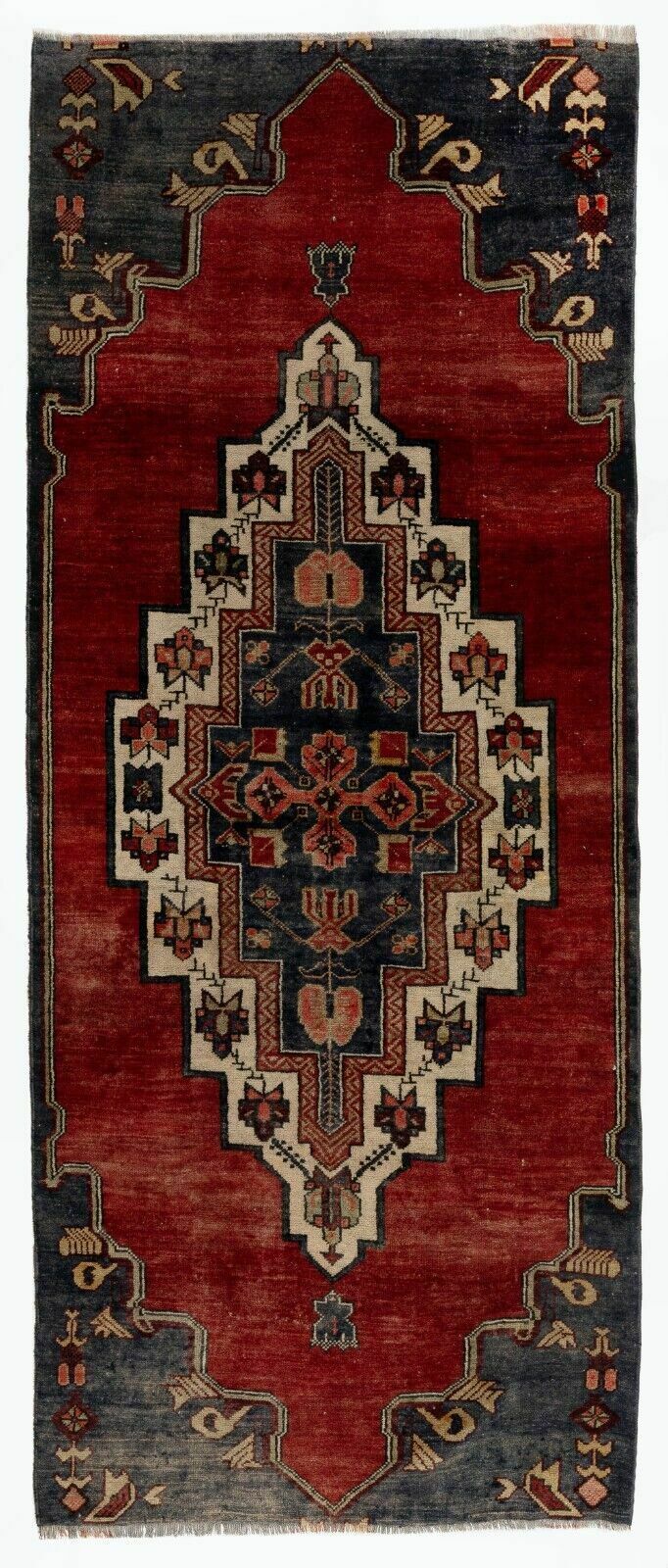 3.8x8.9 Ft One Of A Kind Vintage Anatolian Village Rug In Red And Dark Navy