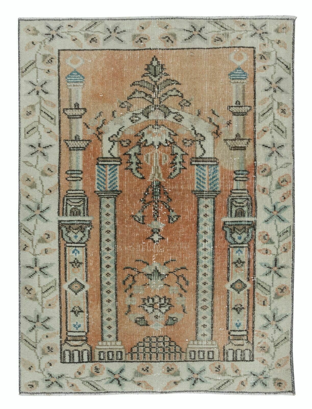 3x3.8 Ft Vintage Prayer Rug In Soft Red & Beige, Handmade Turkish Small Rug