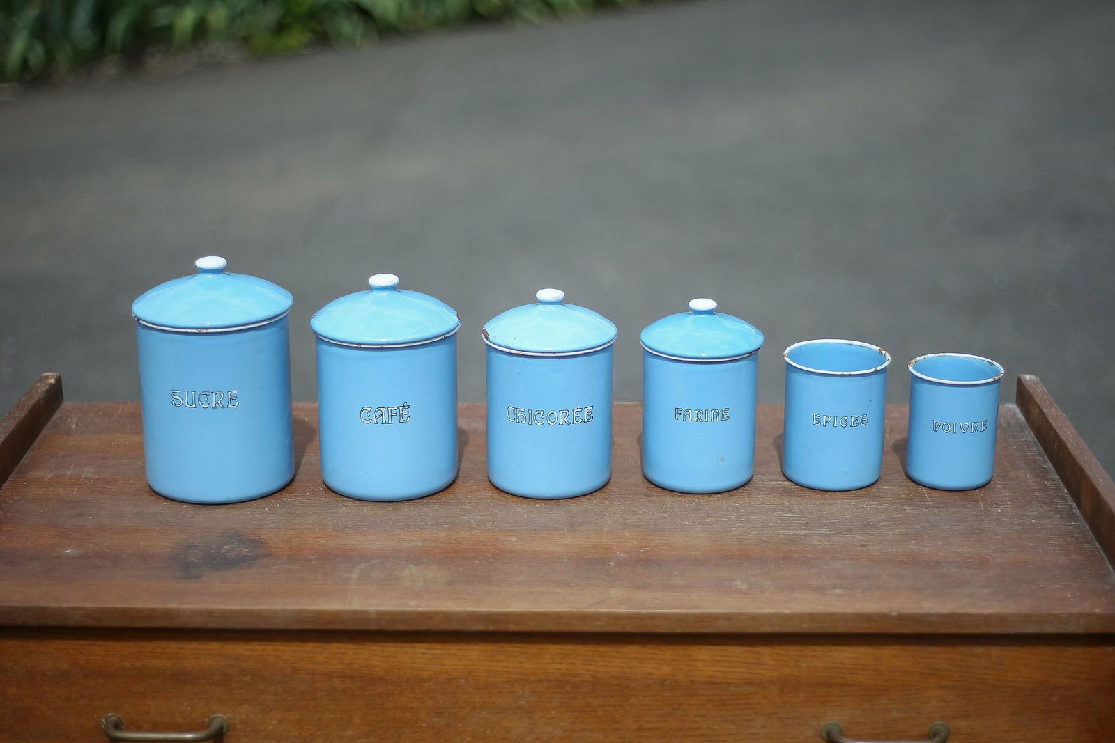 Series Of Kitchen Pots (X 6), Blue Enameled Pots, Spice Pots, Belgium, Enameled Boxes, Kitchen, Countryside, Enamelware, 40's