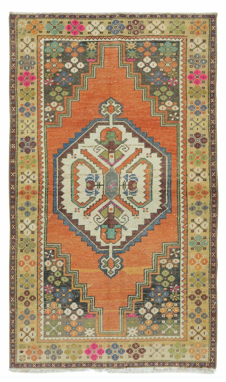 3.4x5.9 Ft Hand Knotted Turkish Oriental Style Rug, Vintage Carpet Made Of Wool