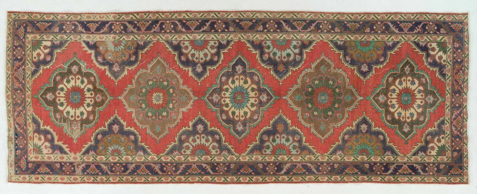 4.9x13 Ft Vintage Handmade Oushak Wool Runner Rug In Red And Indigo. photo 1077.0