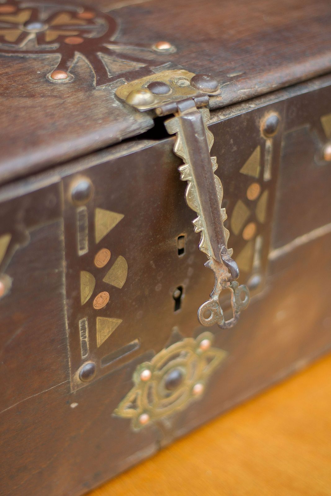 Large Old Mauritanian Box, Mauritania Tuareg Wooden Chest With Worked Metal And Copper Frame, Collection, Rare photo for sale