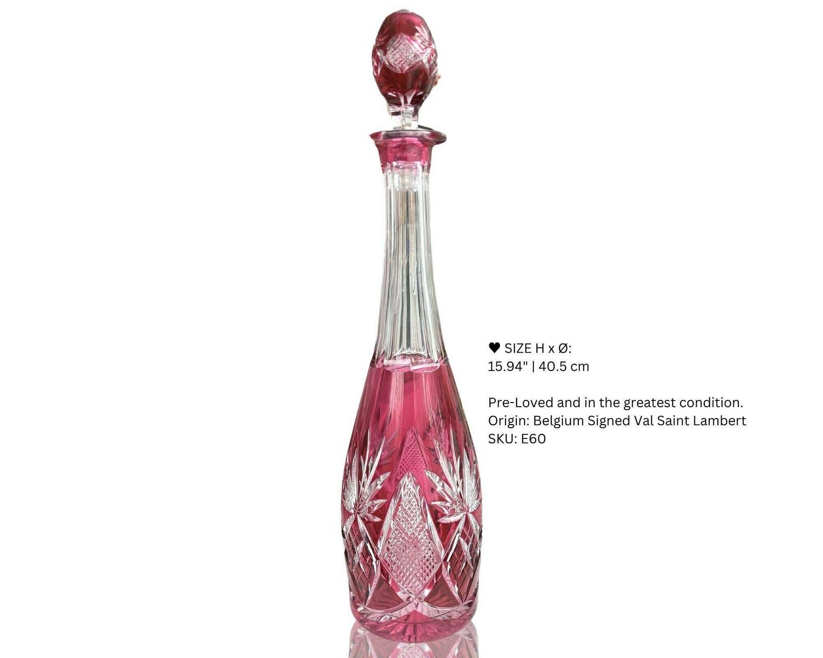 Val Saint Lambert Decanter | Red Color Overlay | Cut Crystal Carafe | Signed photo furniture