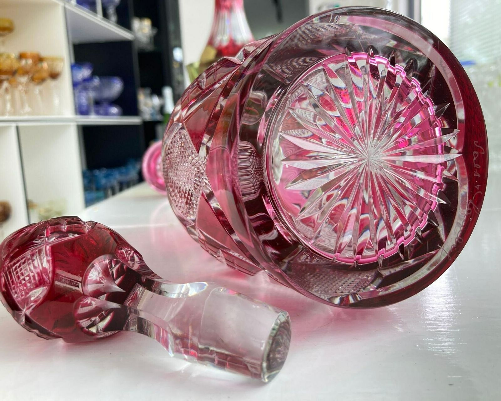 Val Saint Lambert Decanter | Red Color Overlay | Cut Crystal Carafe | Signed photo vinterior