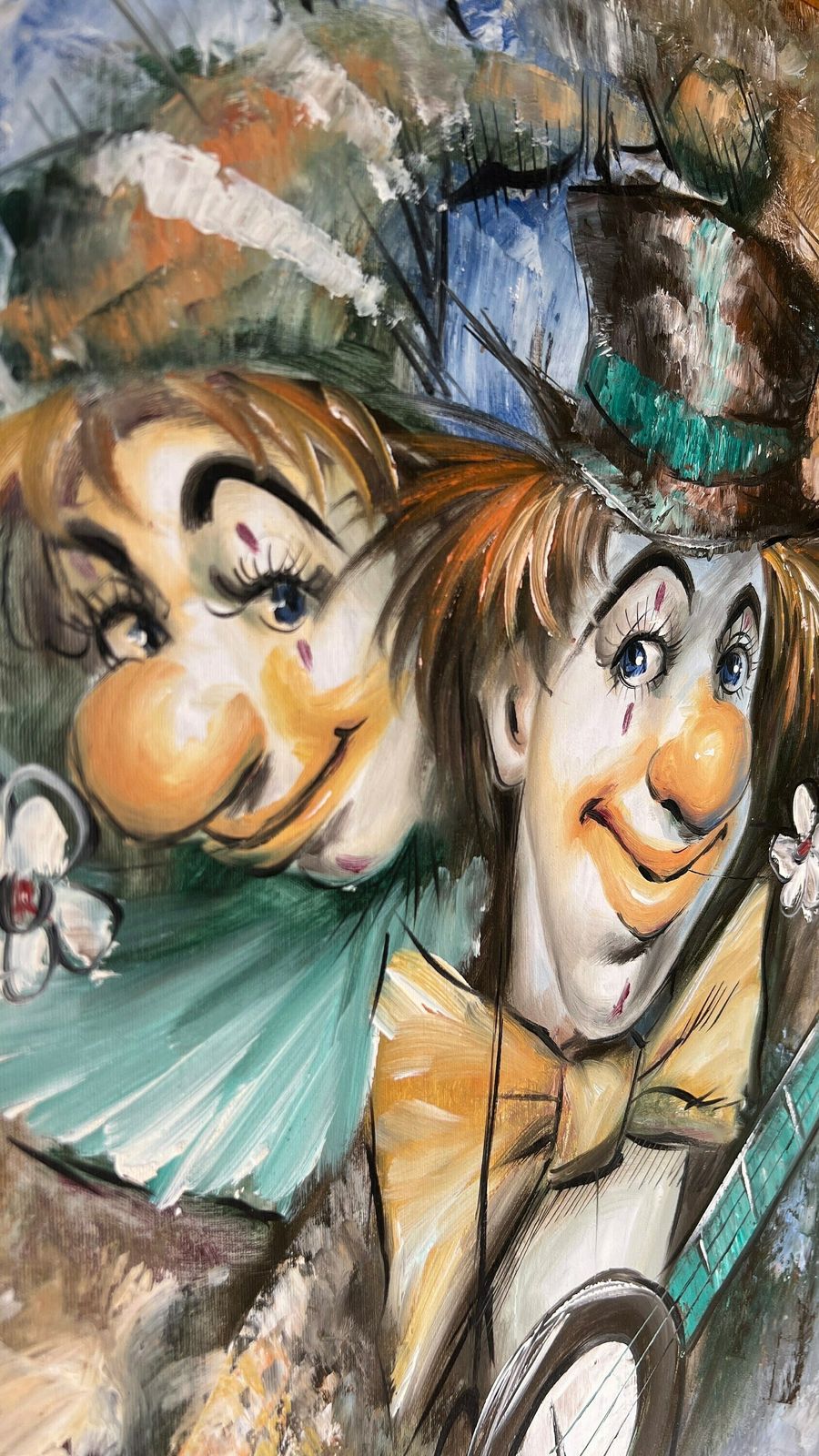 Original Framed Oil On Canvas Painting Signed By Salmon [Depicts Two Clowns Playing Banjo] photo for sale