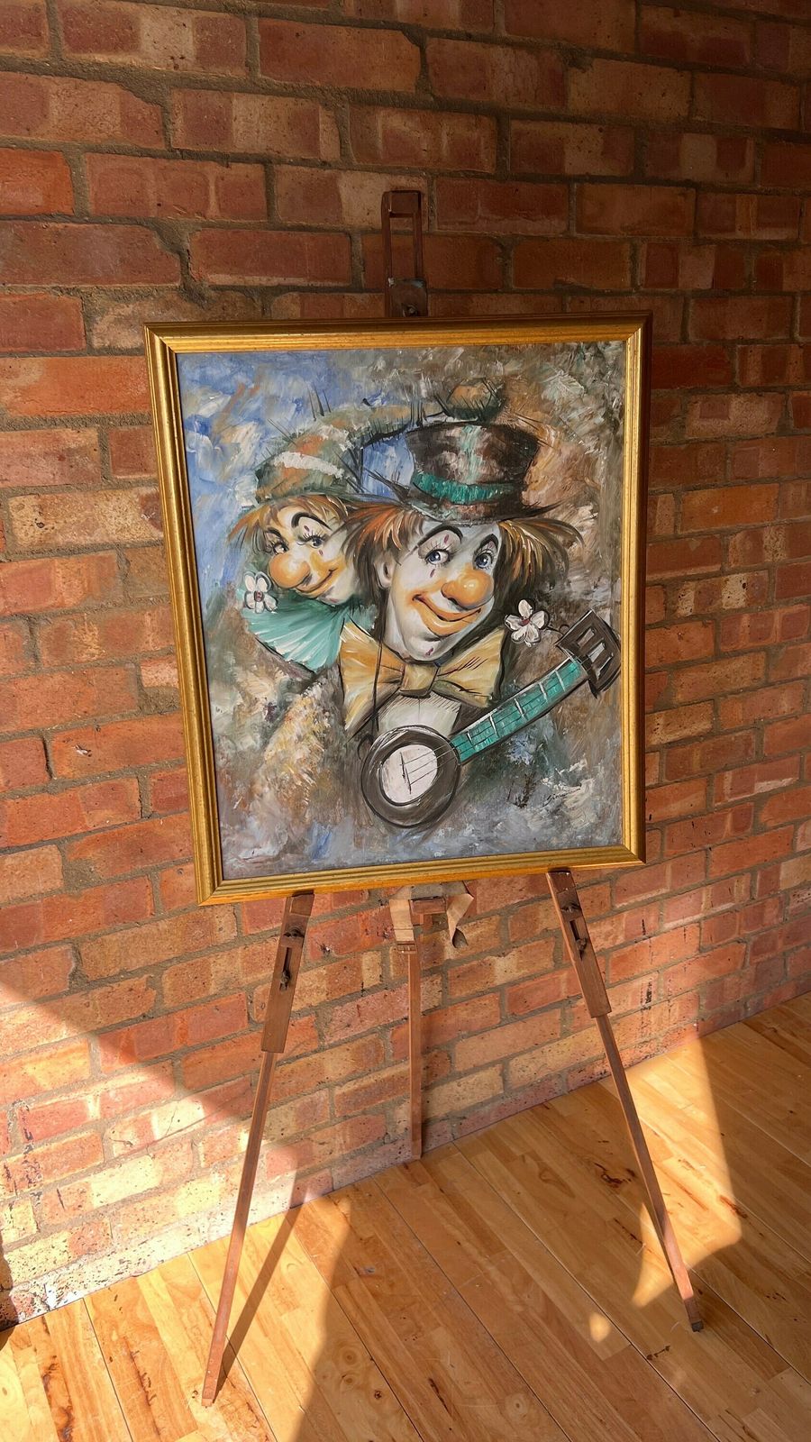photo for sale Original Framed Oil On Canvas Painting Signed By Salmon [Depicts Two Clowns Playing Banjo]