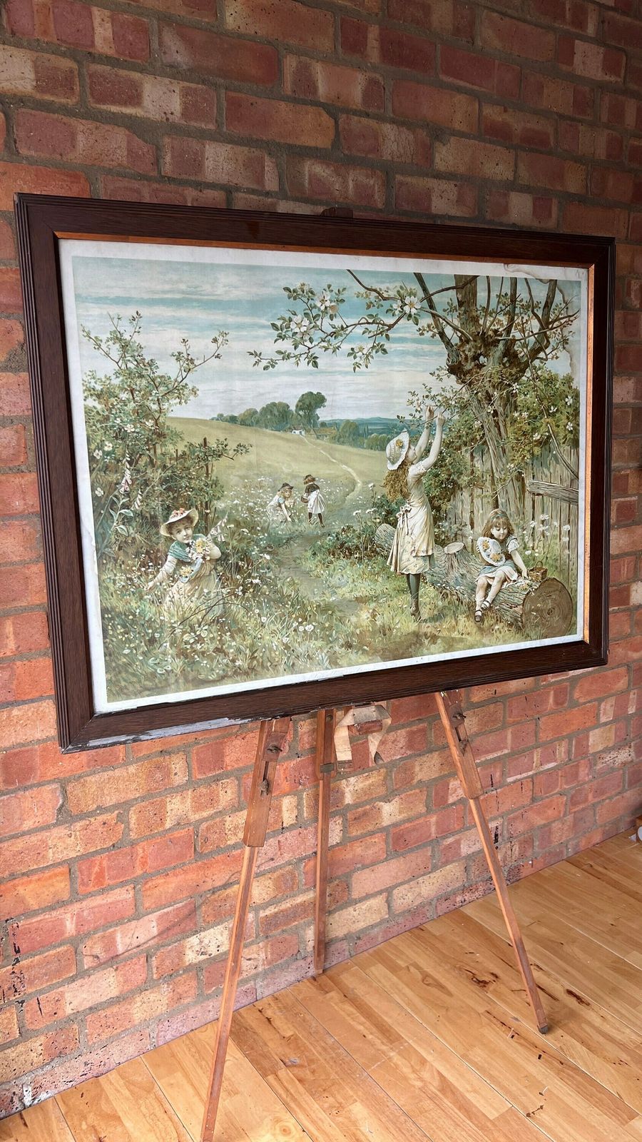 photo for sale Extra Large Antique Framed Lithograph Life’s Sunny Spring   William Stephen Coleman [Depicts Victorian Girls Gathering Flowers]