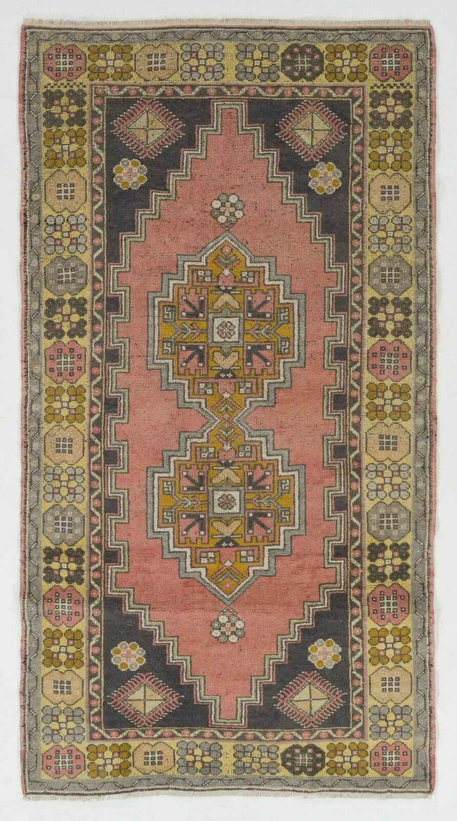 4x7 Ft Vintage Hand Knotted Wool Turkish Area Rug With Geometric Design In Muted