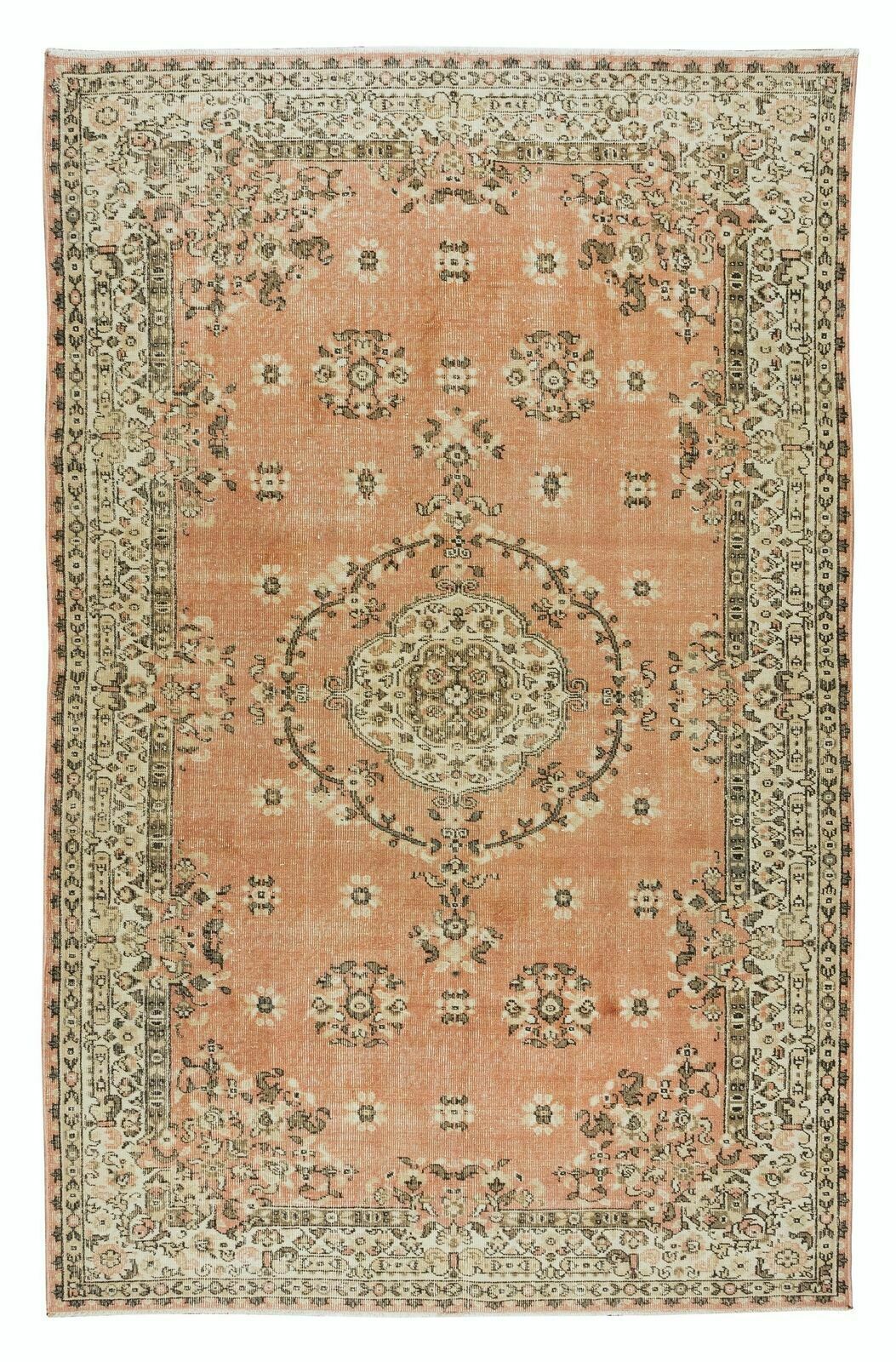 5.9x9.2 Ft Hand Knotted Medallion Design Vintage Turkish Rug In Red & Beige