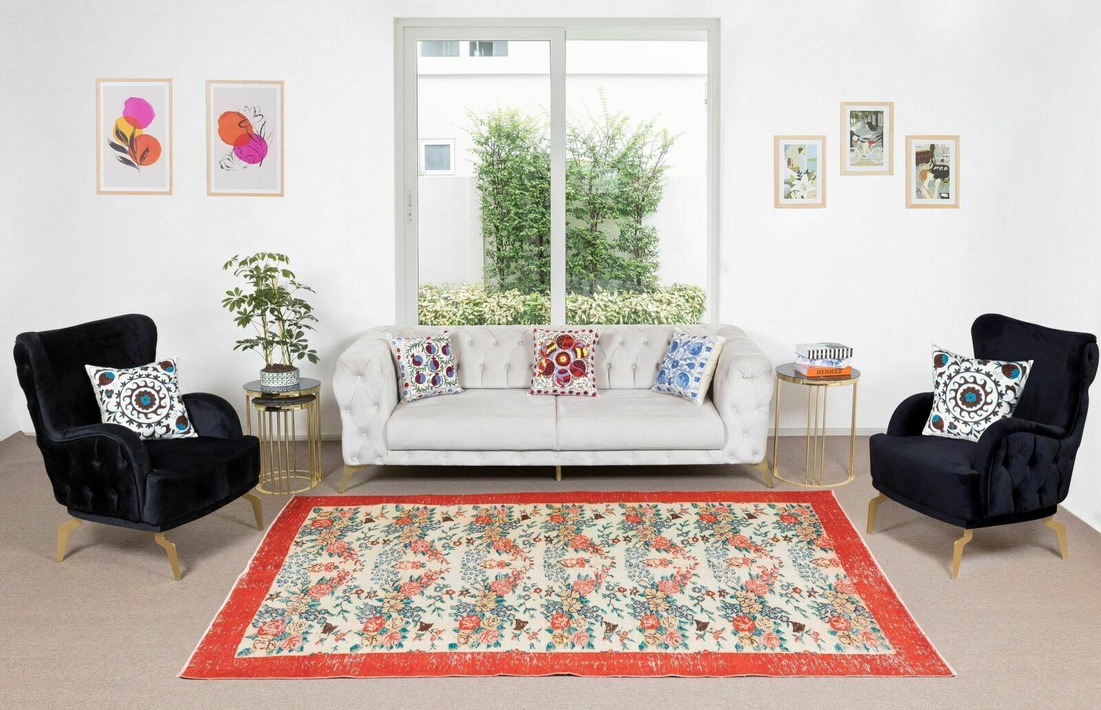 5.8x9.3 Ft Authentic Floral Pattern Vintage Hand Knotted Anatolian Area Rug photo furniture