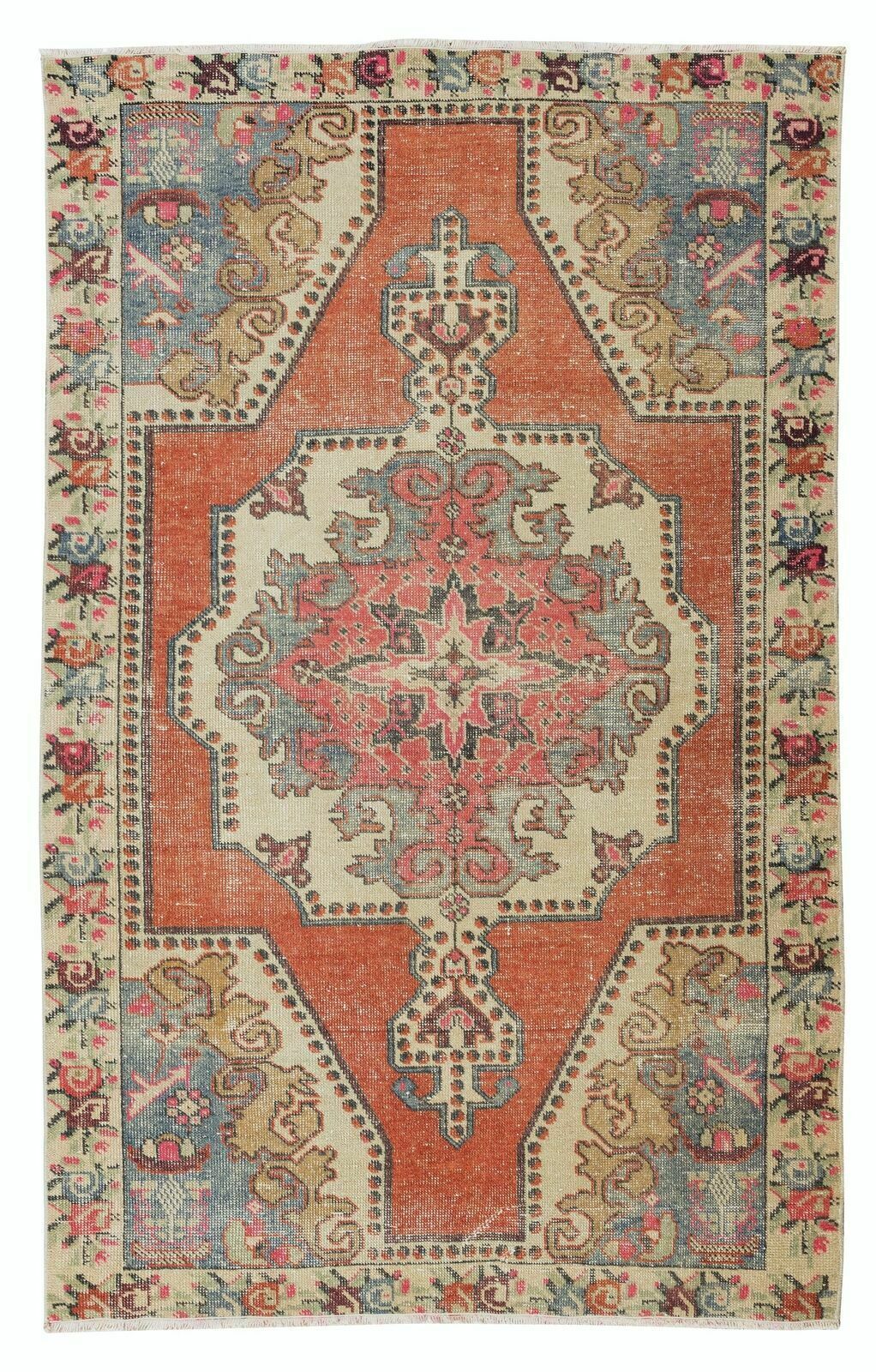 4.2x6.9 Ft Vintage Hand Knotted Turkish Wool Rug, One Of A Kind Geometric Carpet