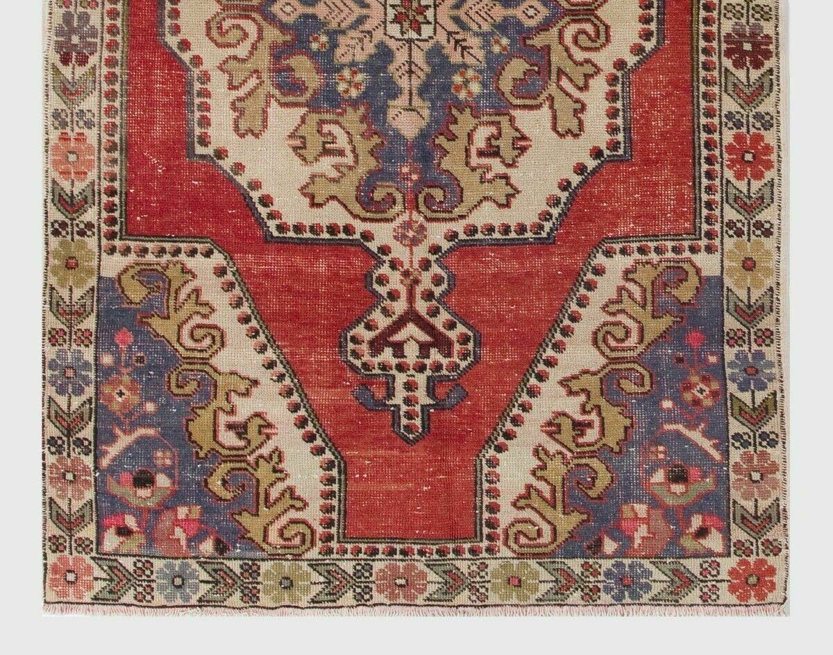 4.4x7.2 Ft Vintage One Of A Kind Anatolian Rug. Floral Border. Red, Beige, Blue photo for sale