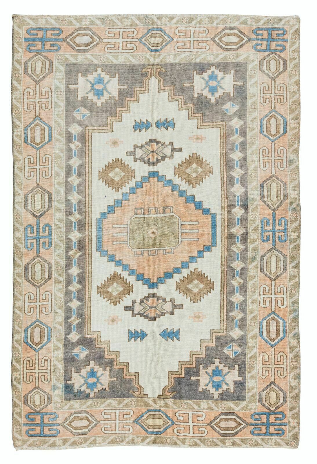 1960's Geometric Wool Area Rug, Vintage Hand Knotted Turkish Carpet