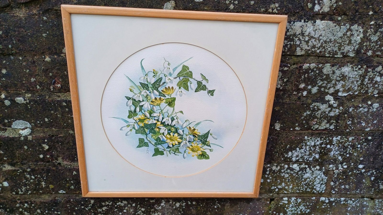 Vintage Original Watercolour Of Snowdrops And Jasmine By J.M.M.   Beautiful Water Colour Painting Of Early Spring Flowers In A Vintage Frame
