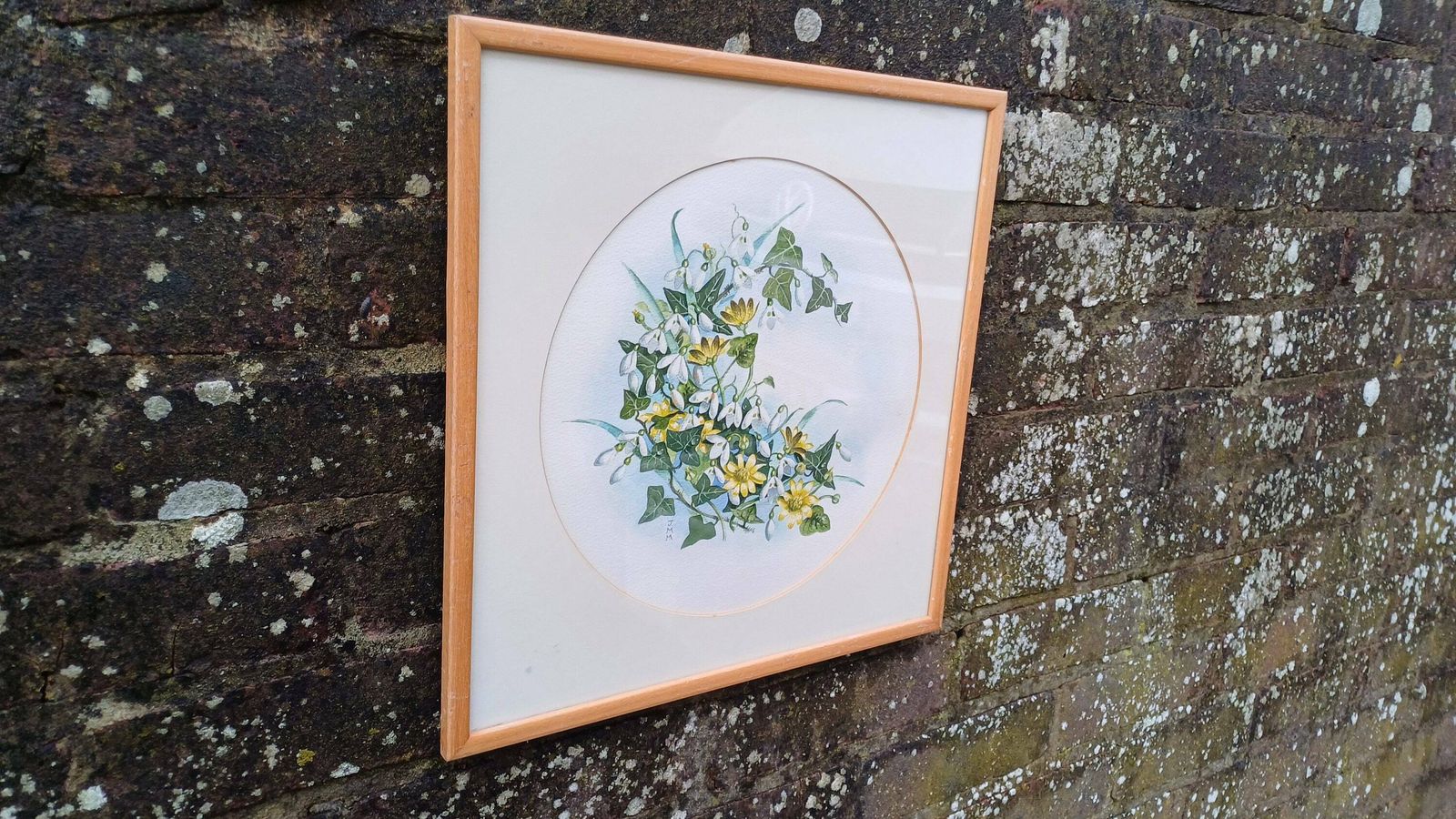 Vintage Original Watercolour Of Snowdrops And Jasmine By J.M.M.   Beautiful Water Colour Painting Of Early Spring Flowers In A Vintage Frame photo furniture