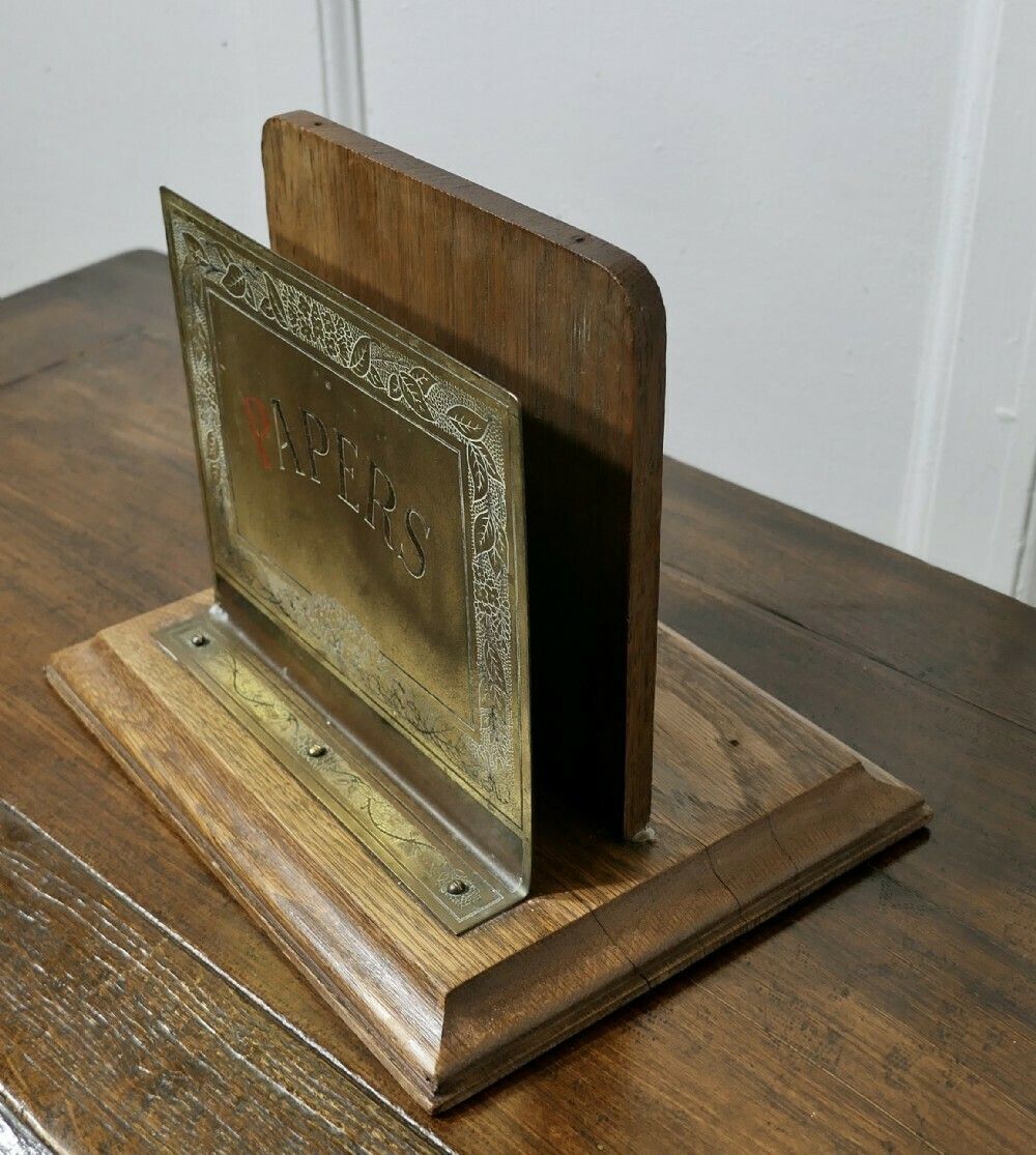 Art Nouveau Table Top Brass And Oak News Paper Rack photo for sale