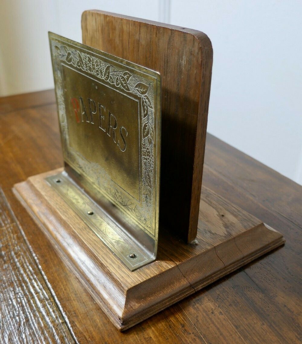 Art Nouveau Table Top Brass And Oak News Paper Rack photo 420.0