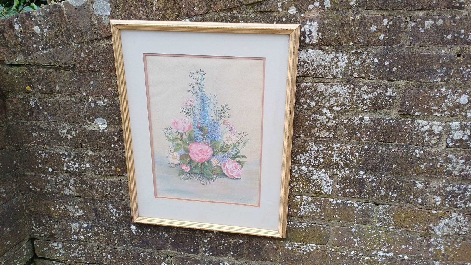 Beautiful Large Vintage 90s Original Still Life Pastel ‘Rose And Delphiniums’